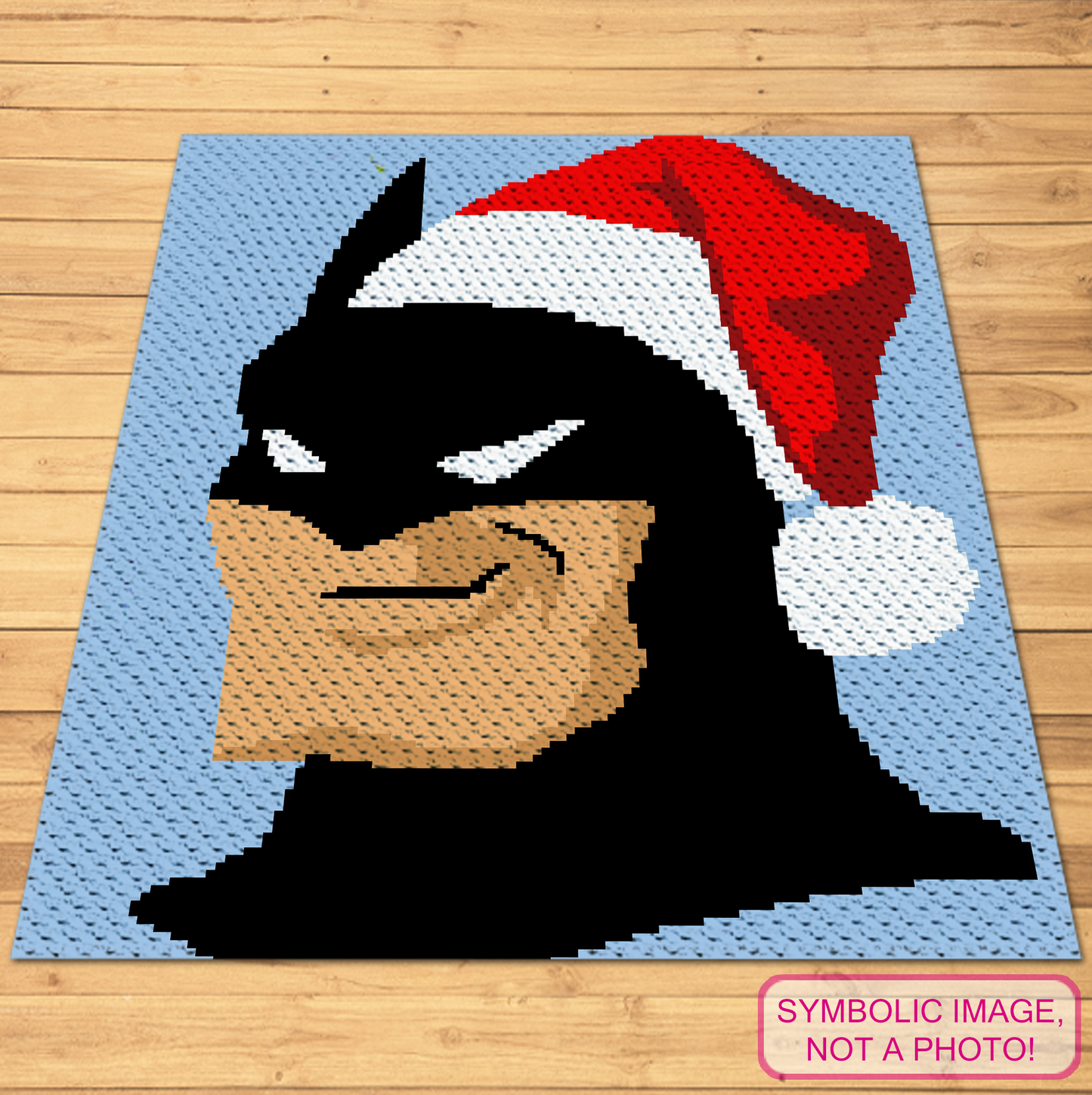 Christmas Batman C2C crochet blanket pattern featuring a superhero portrait wearing a red Santa hat.
C2C superhero Christmas graphgan pattern with a 120 x 150 color chart and written row-by-row instructions.