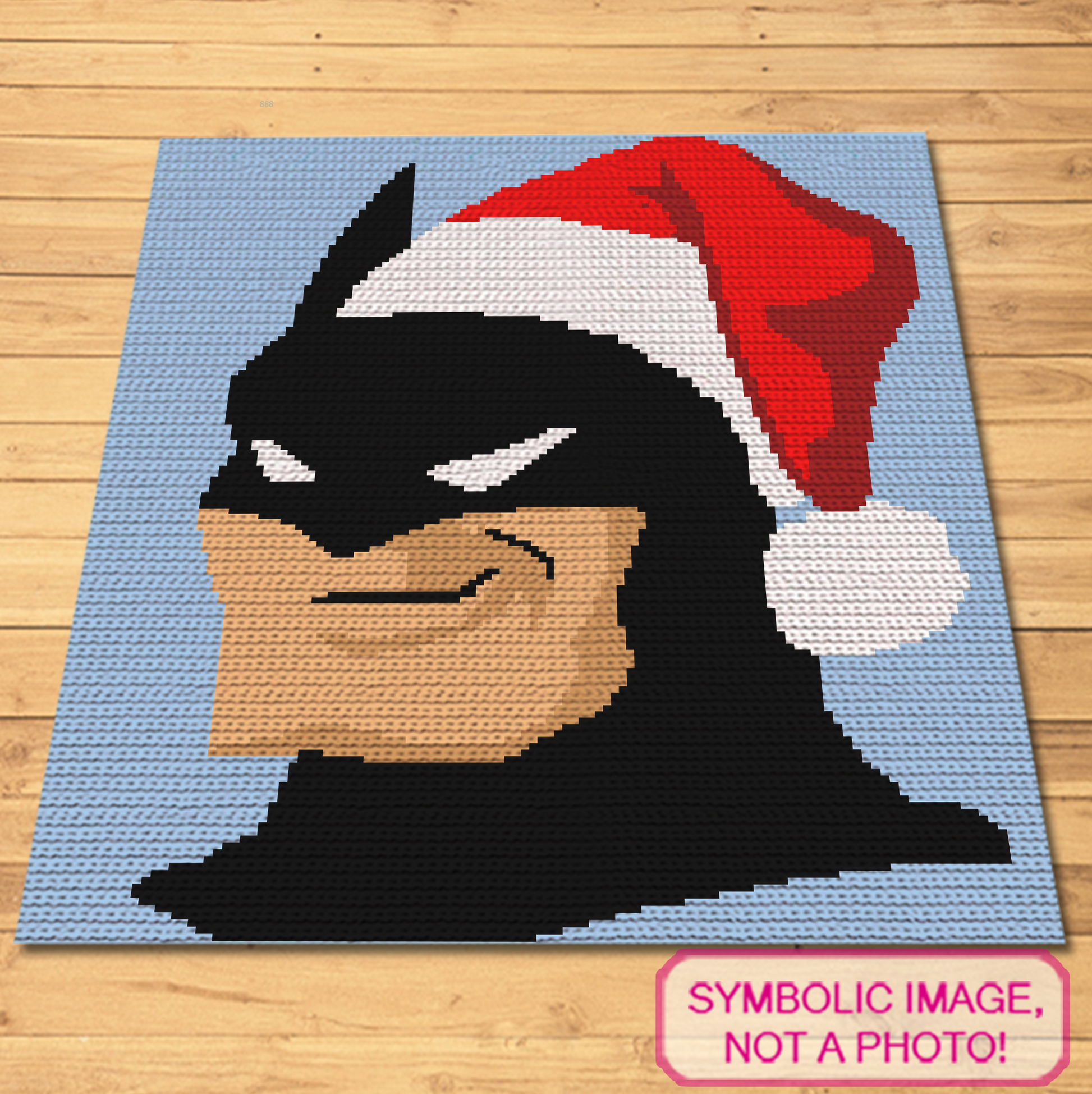 Holiday superhero crochet pillow and blanket pattern using blue, white, beige, red, dark red, light brown, and black yarn.
Christmas Batman-inspired tapestry crochet graph pattern for handmade pillows, blankets, and holiday gifts.