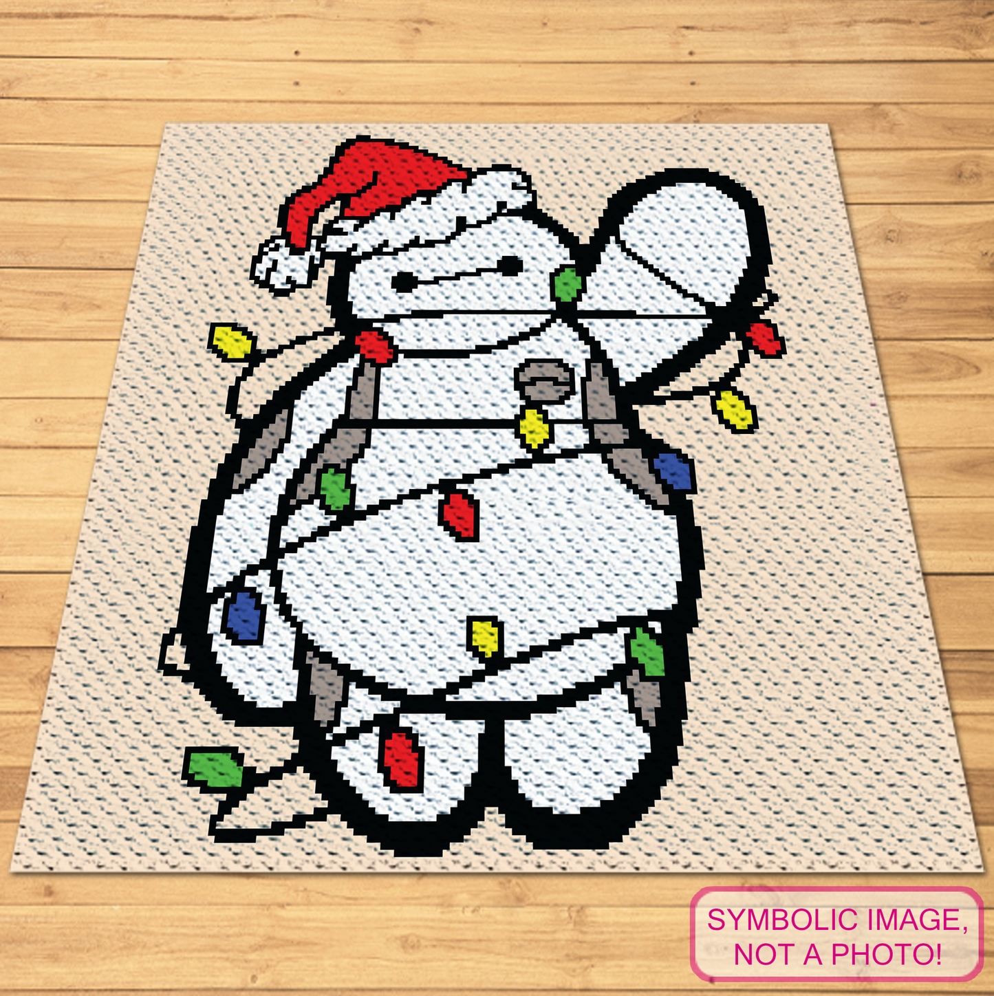 Christmas Big Hero C2C crochet blanket pattern featuring a cute white robot with Santa hat and colorful Christmas lights.
C2C holiday robot graphgan pattern with a 140 x 150 color chart and written row-by-row instructions.