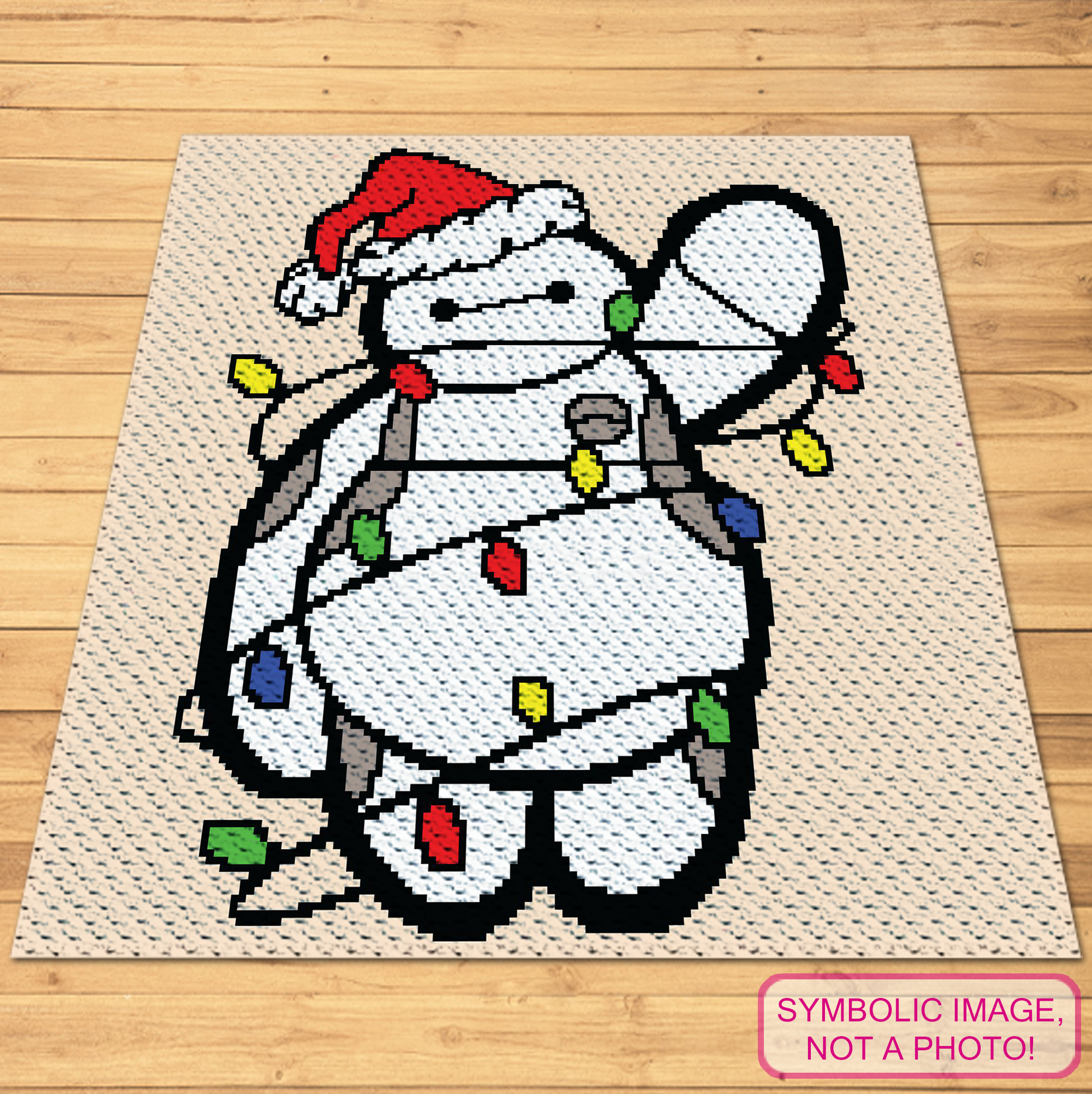 Christmas Big Hero C2C crochet blanket pattern featuring a cute white robot with Santa hat and colorful Christmas lights.
C2C holiday robot graphgan pattern with a 140 x 150 color chart and written row-by-row instructions.