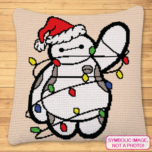Christmas Big Hero tapestry crochet blanket and pillow pattern featuring a cute white robot with Santa hat and Christmas lights.
Single crochet holiday robot graphgan pattern with a 140 x 150 color chart and written row-by-row instructions.