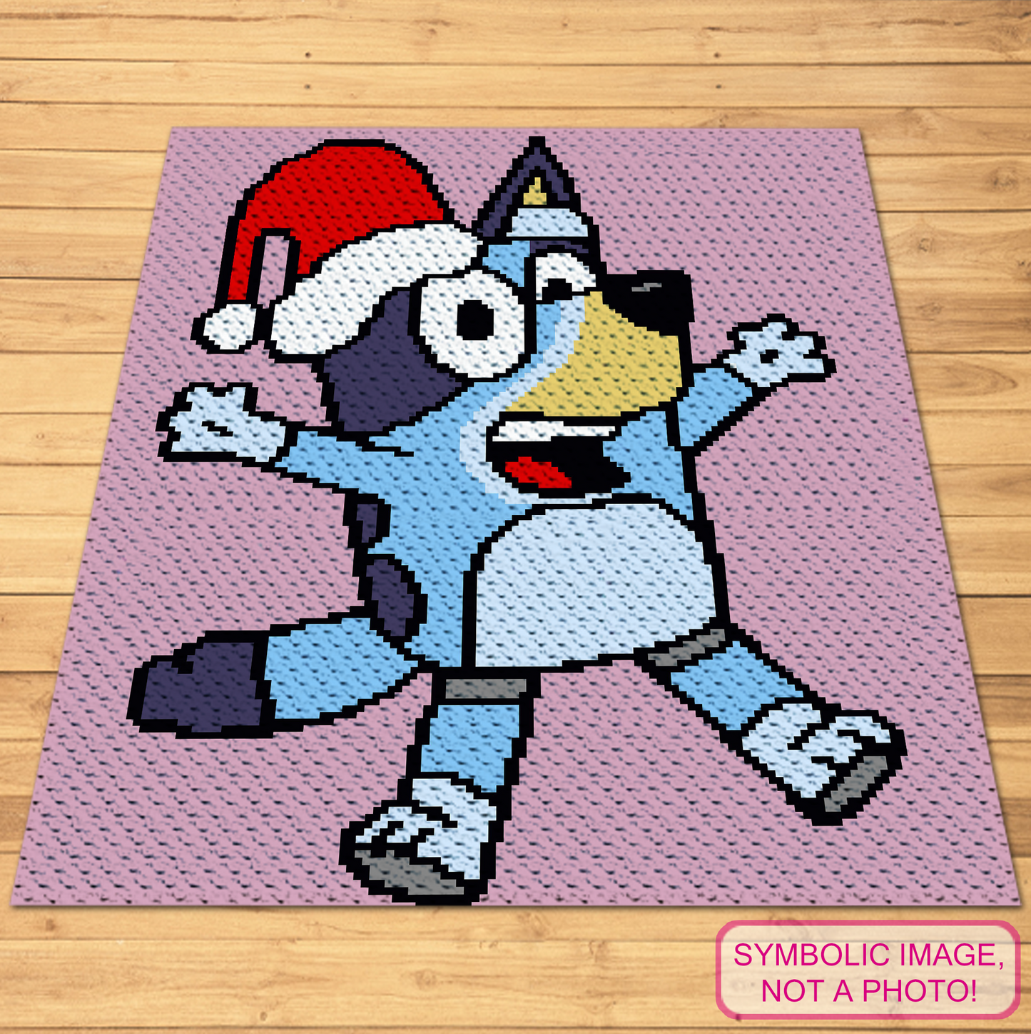 Christmas Bluey C2C crochet blanket pattern featuring a cute blue puppy wearing a red Santa hat.
C2C holiday puppy graphgan pattern with a 130 x 150 color chart and written row-by-row instructions.