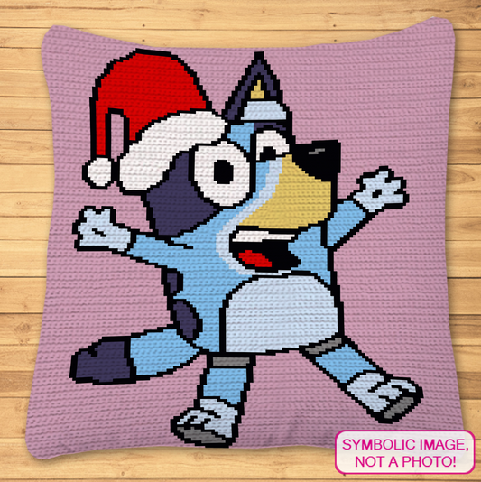 Christmas Bluey tapestry crochet blanket and pillow pattern featuring a cute blue puppy wearing a red Santa hat.
Single crochet holiday puppy graphgan pattern with a 130 x 150 color chart and written row-by-row instructions.