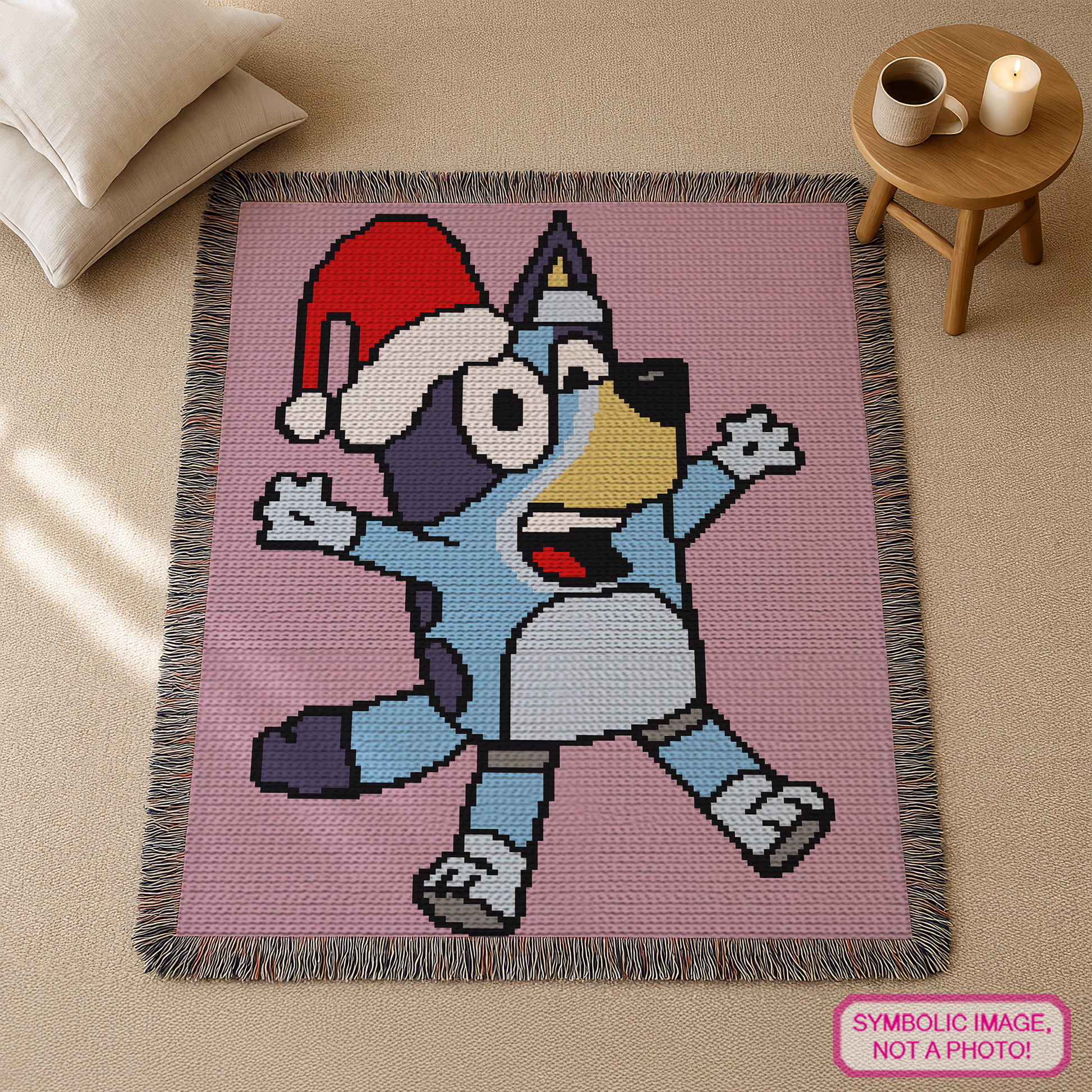 Christmas Bluey C2C crochet blanket pattern featuring a cute blue puppy wearing a red Santa hat.
C2C holiday puppy graphgan pattern with a 130 x 150 color chart and written row-by-row instructions.