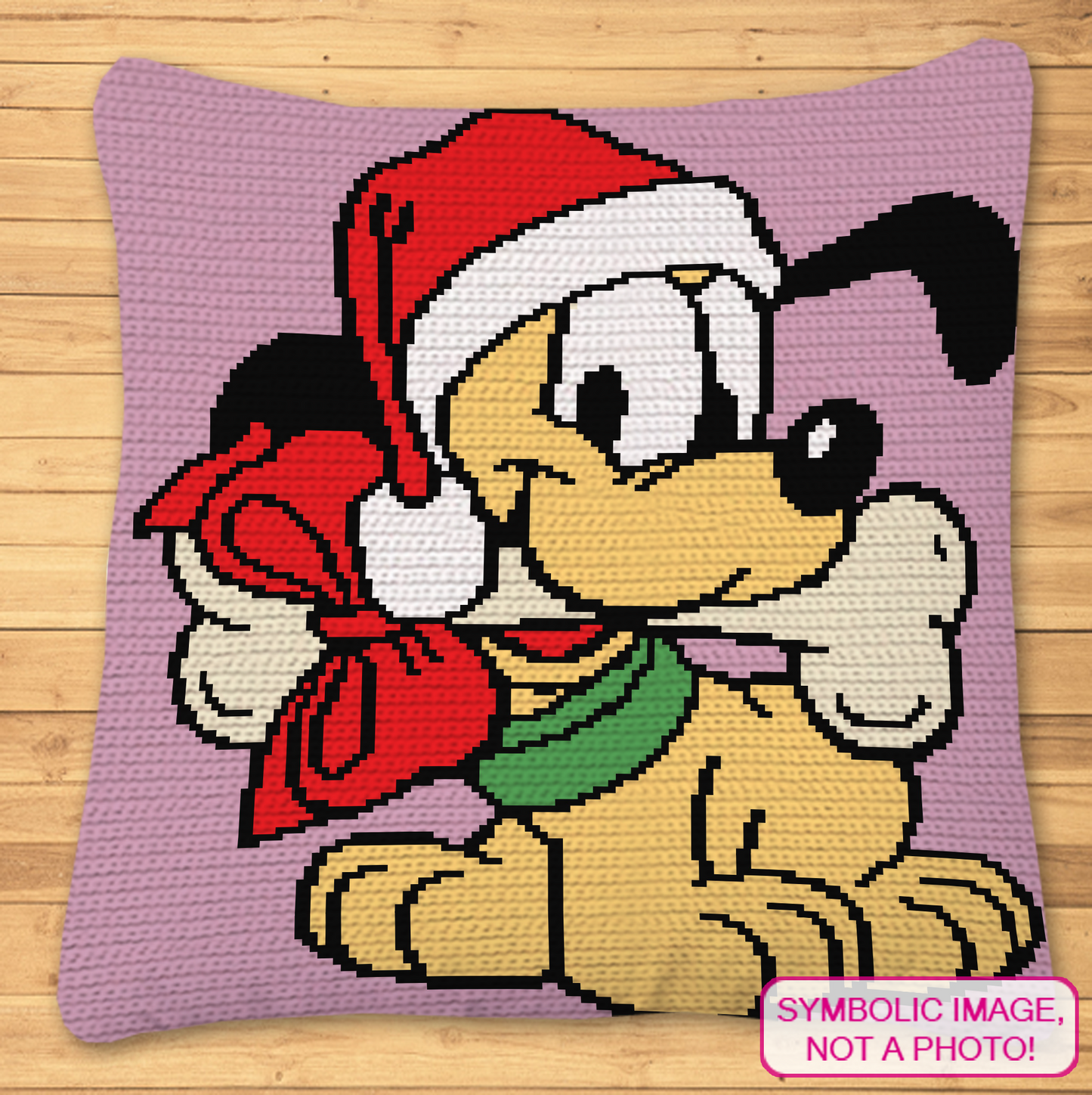 Christmas Baby Pluto tapestry crochet blanket and pillow pattern featuring a cute puppy in a Santa hat with a red gift bag.