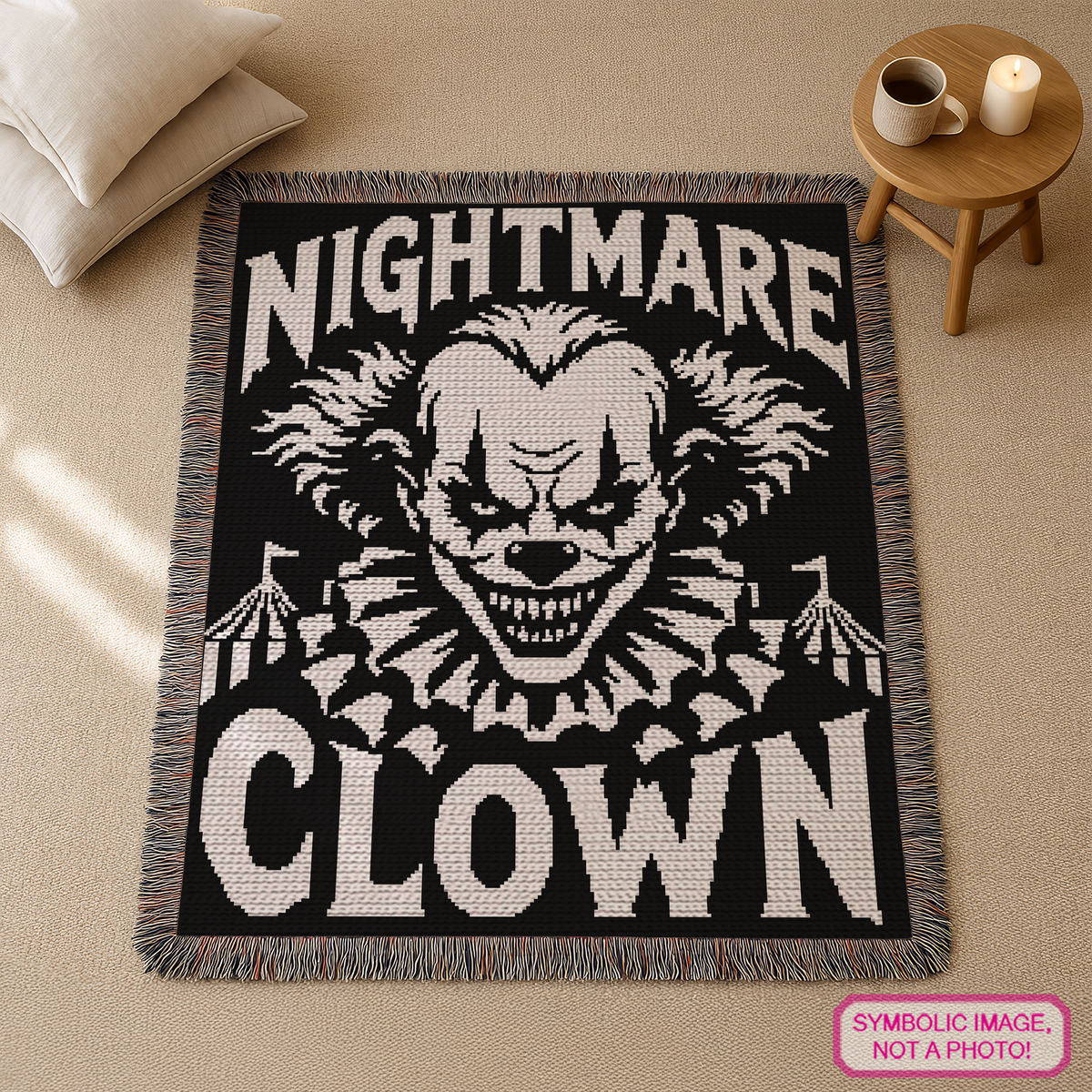 Creepy clown graphghan crochet pattern with “Nightmare Clown” text and spooky details.
SC crochet blanket pattern showing a sinister clown face with dramatic black background.