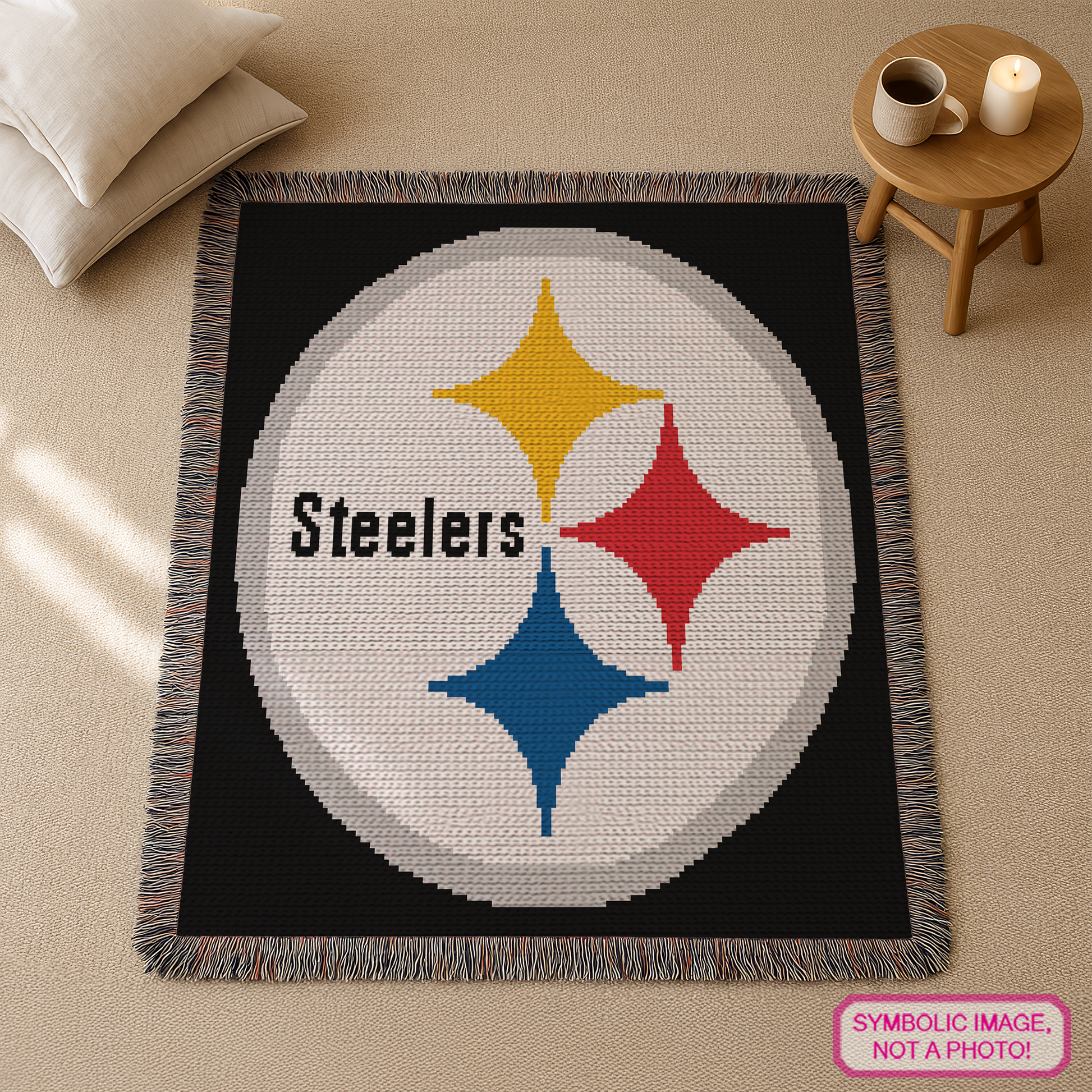 Corner-to-corner football graphgan pattern with a 150 x 150 color chart and written row-by-row instructions.
Black and gold football C2C blanket pattern for sports fans, fan caves, game rooms, and handmade gifts.