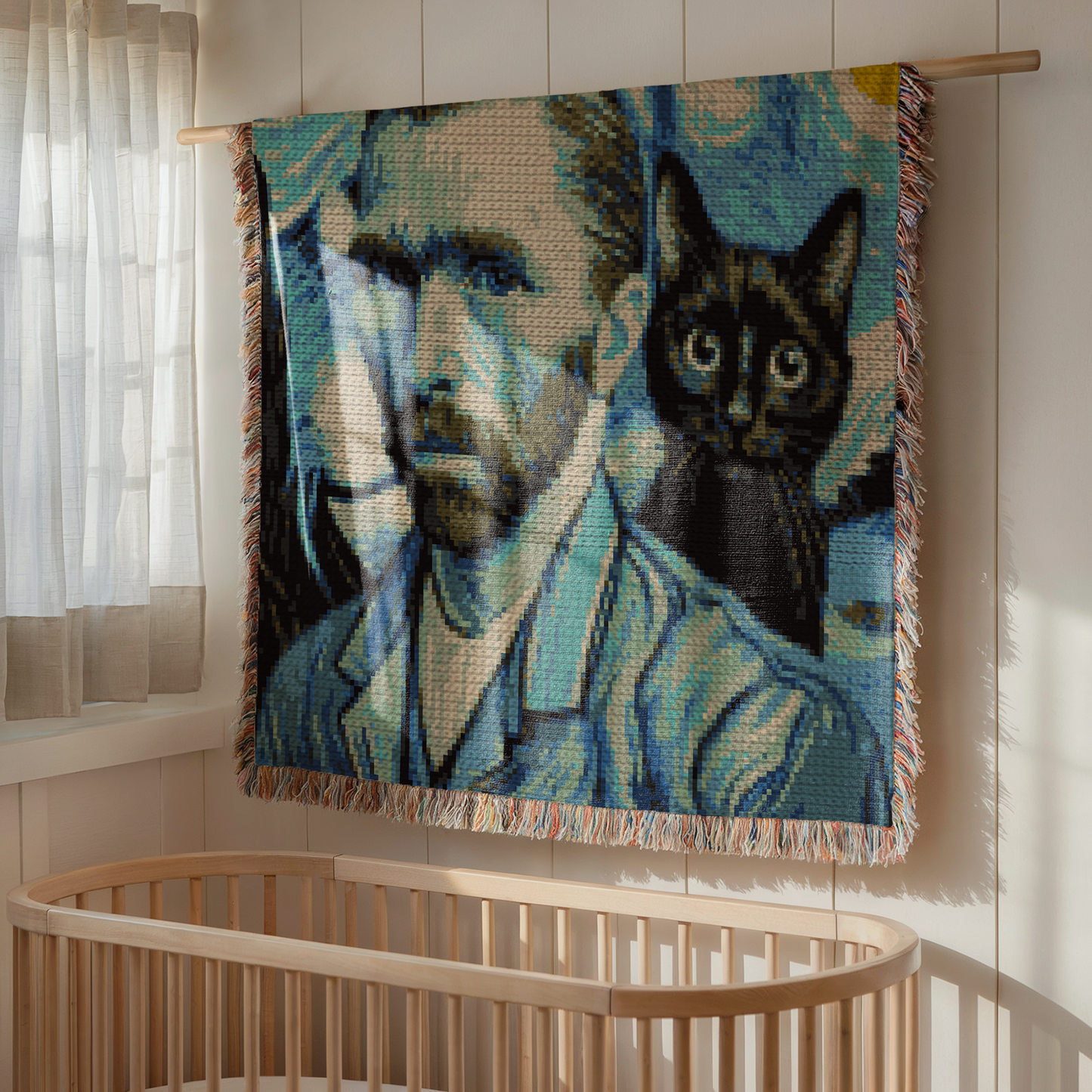 Van Gogh and cat lover tapestry crochet graph pattern for handmade gifts, art studio decor, and cozy home decor.
Crochet portrait graphgan pattern featuring a famous artist-inspired design with black cat and instant-download PDF.