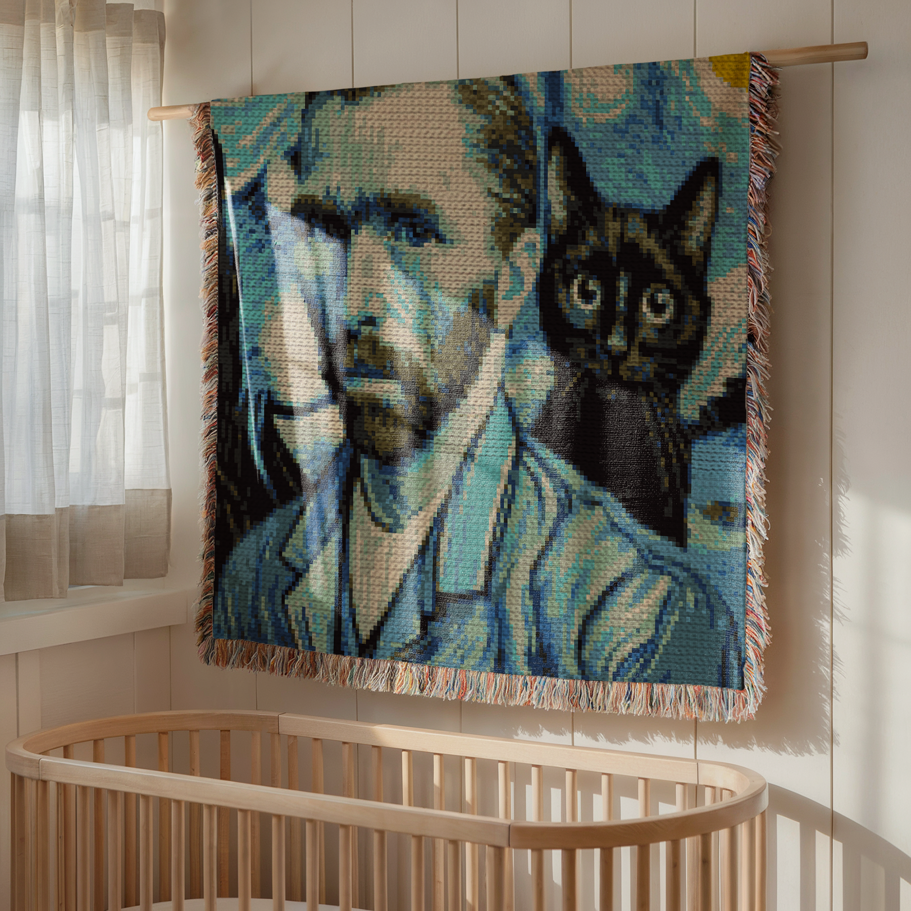 Van Gogh and cat lover tapestry crochet graph pattern for handmade gifts, art studio decor, and cozy home decor.
Crochet portrait graphgan pattern featuring a famous artist-inspired design with black cat and instant-download PDF.