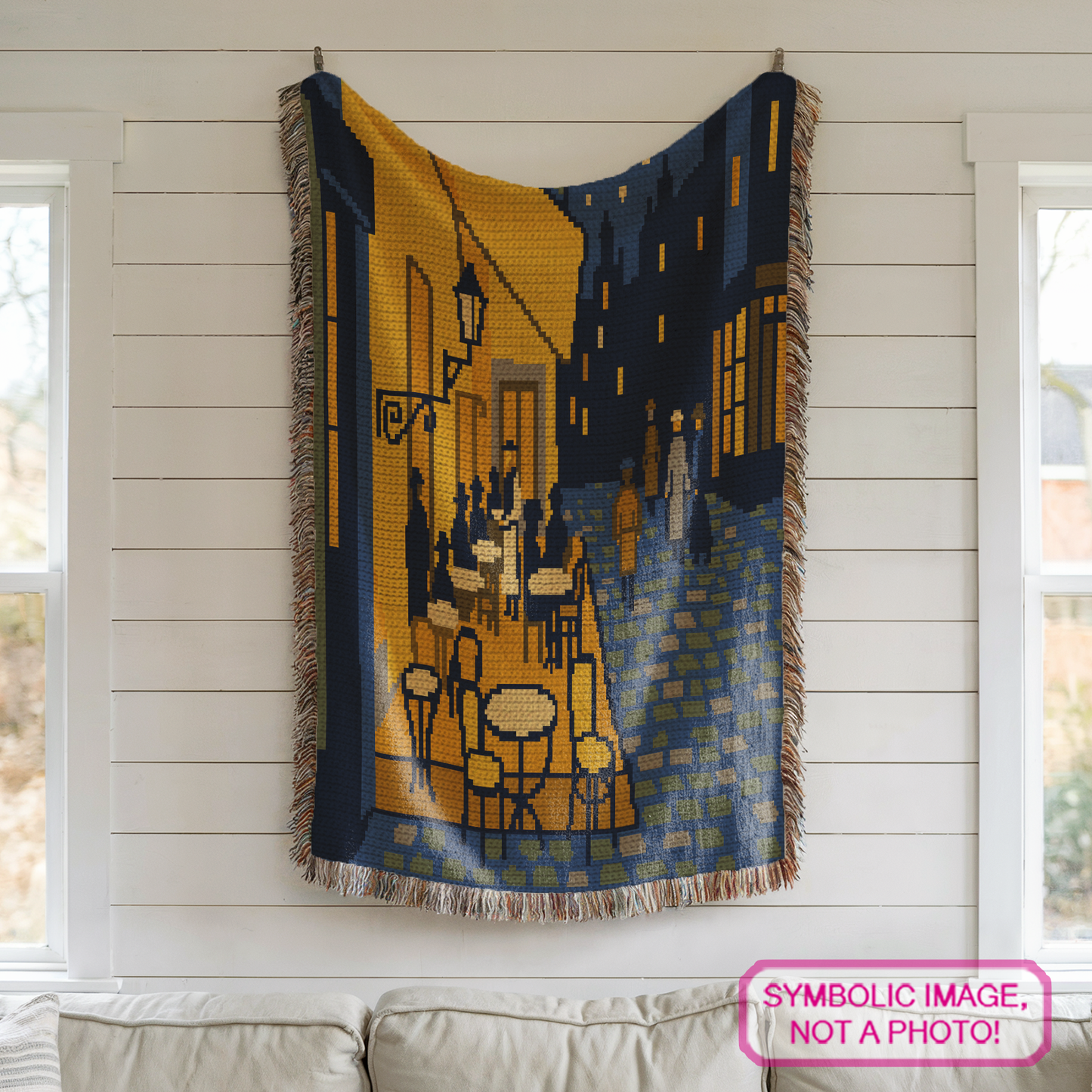 Van Gogh crochet painting blanket pattern for art lovers, museum lovers, handmade gifts, and cozy home decor.
Single crochet famous art graphgan pattern featuring a glowing café terrace night scene with full-color chart and instant-download PDF.