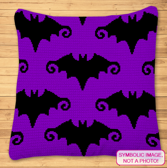 Seamless Bat SC crochet blanket pattern featuring repeating black bats on a purple background.
Tapestry crochet bat blanket and pillow pattern with a 150 x 150 seamless Halloween design.