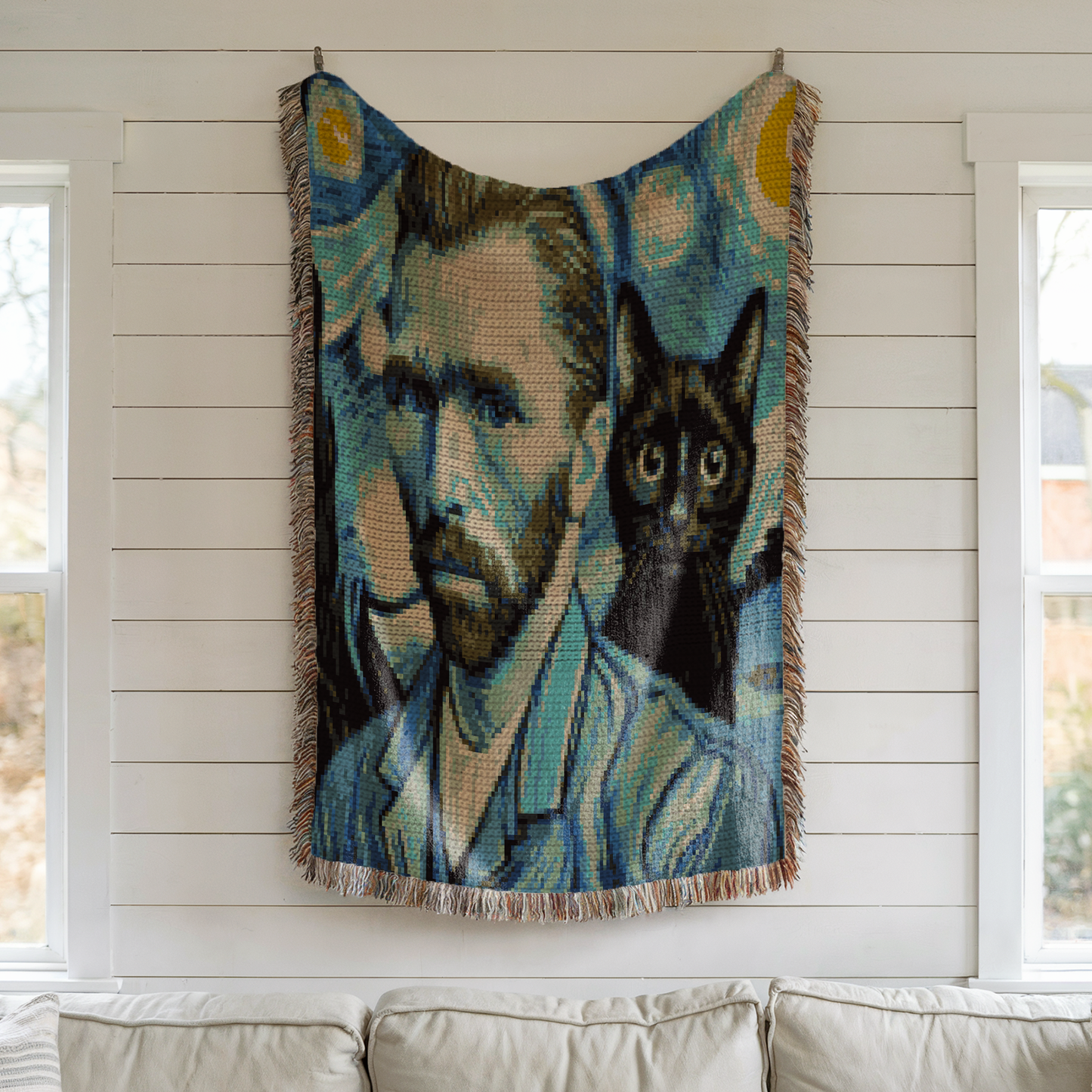 Art-inspired crochet blanket and pillow pattern with black cat, portrait design, 13 colors, and row-by-row instructions.
Van Gogh and cat lover tapestry crochet graph pattern for handmade gifts, art studio decor, and cozy home decor.
