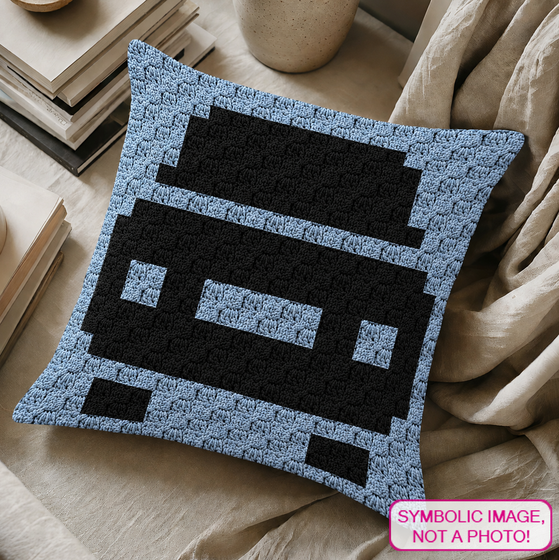 C2C crochet pillow pattern with written instructions featuring a cute car graph design for a quick handmade gift.