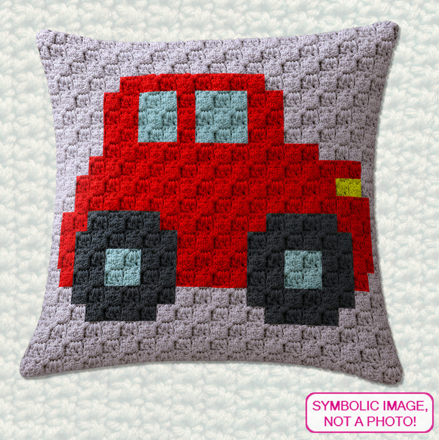 Beginner-friendly C2C crochet pillow pattern featuring a red car design in 20 x 20 blocks.