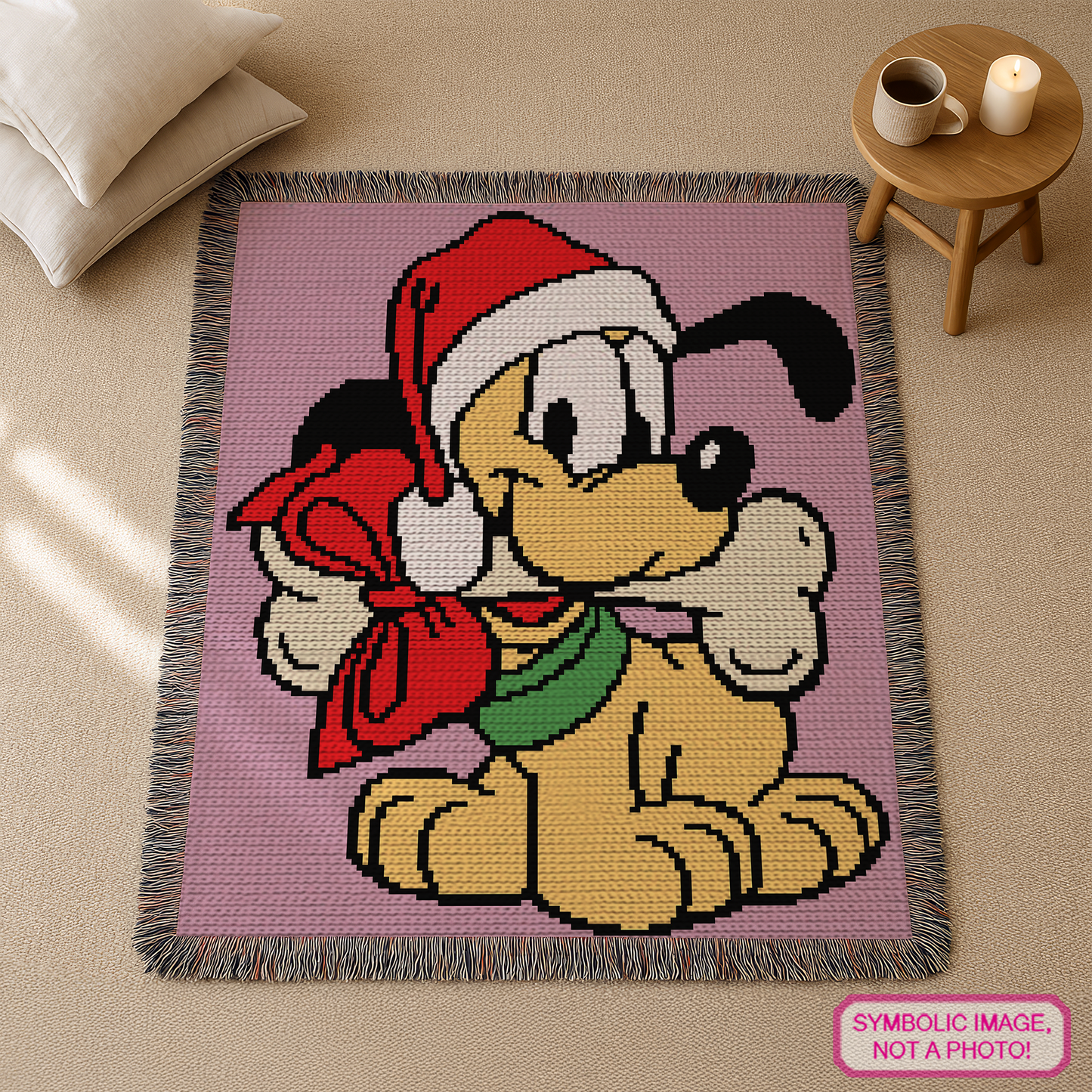 Christmas puppy C2C crochet graph pattern for handmade blankets, nursery decor, and holiday gifts.
Cute festive dog graphgan pattern with Santa hat and Christmas gift bag for C2C crochet lovers.