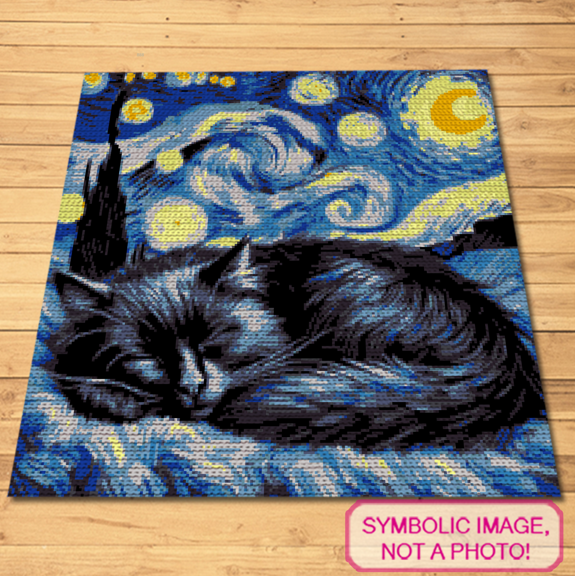 Van Gogh The Starry Night tapestry crochet blanket pattern featuring a black cat under a swirling blue night sky with written instructions.
Black cat SC crochet graphghan pattern inspired by Van Gogh Starry Night with a 199 x 200 color chart.