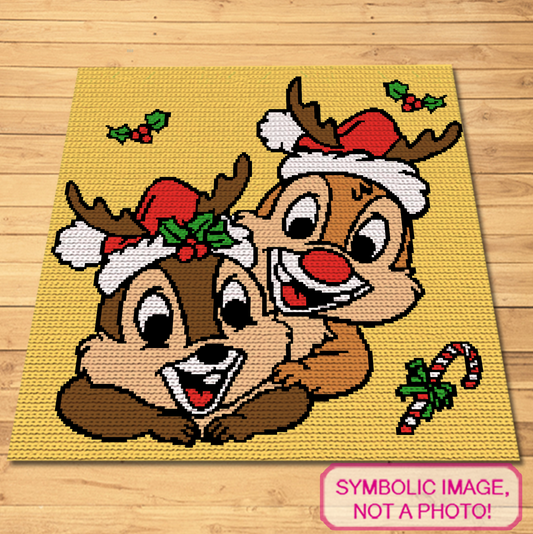 Christmas Chip and Dale tapestry crochet blanket pattern featuring two festive chipmunks with Santa hats and reindeer antlers.
Single crochet Christmas chipmunk graphgan pattern with a 200 x 200 color chart and written row-by-row instructions.
