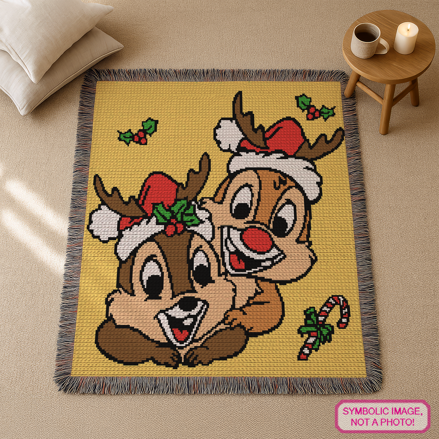 Holiday woodland animal crochet blanket pattern using white, black, peach, brown, dark brown, green, red, and yellow yarn.
Character-inspired Christmas tapestry crochet graph pattern for handmade blankets and holiday gifts.