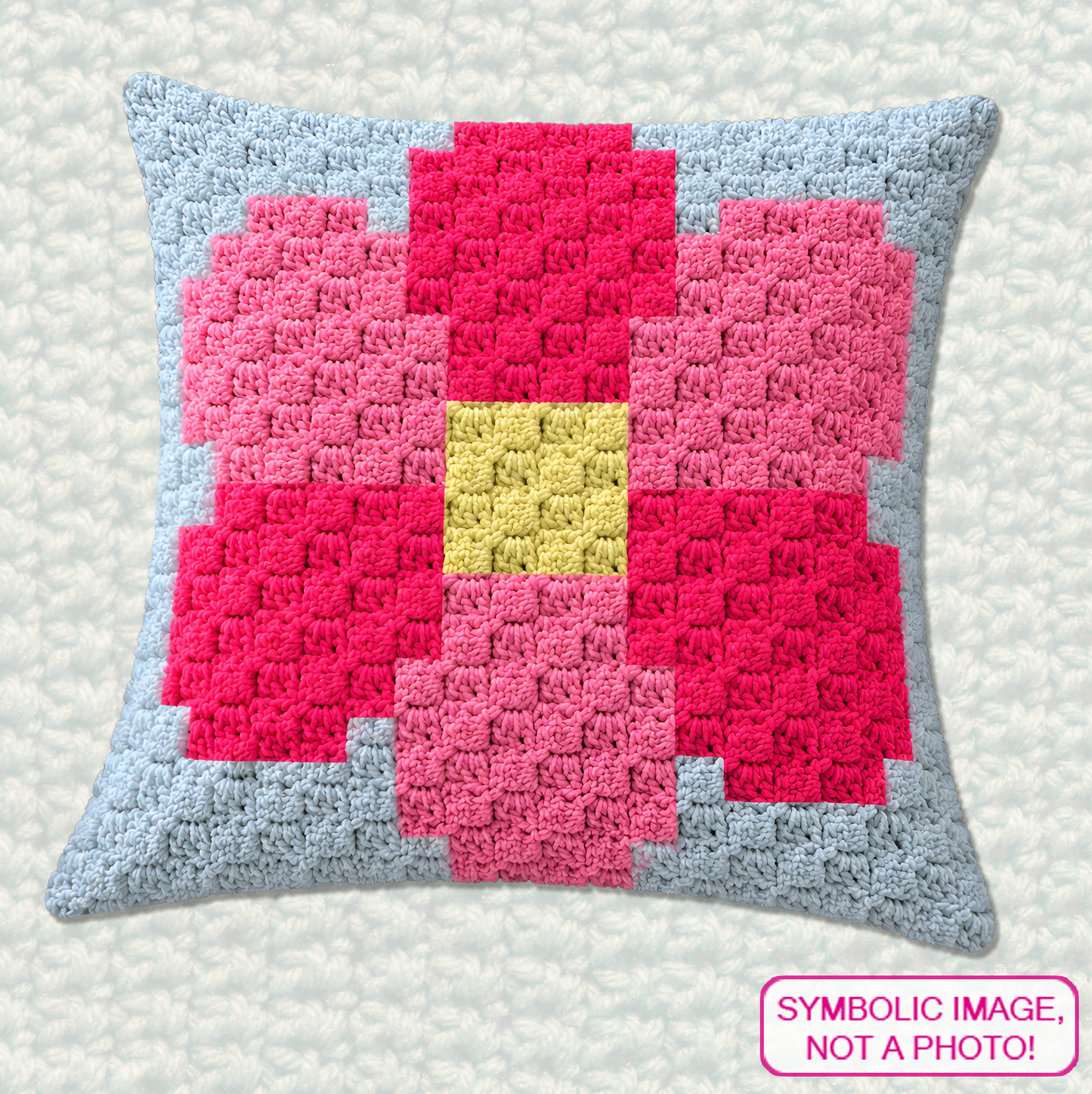 C2C crochet flower pillow pattern for spring decor, floral home decor, and handmade gifts.
Beginner-friendly C2C crochet pillow pattern featuring a pink flower design in 20 x 20 blocks.