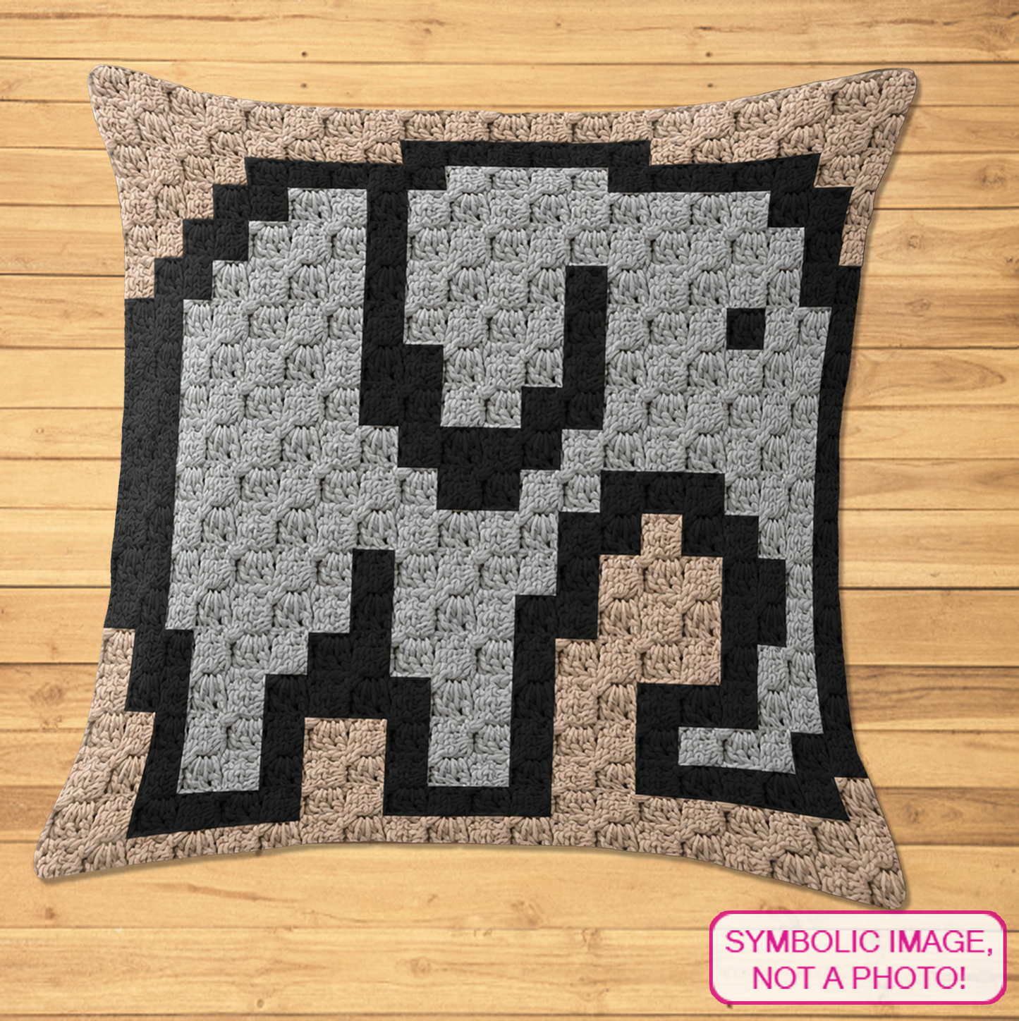 C2C crochet elephant pillow pattern for safari nurseries, kids’ rooms, and handmade gifts.
Beginner-friendly C2C crochet pillow pattern featuring a gray elephant design in 20 x 20 blocks.
