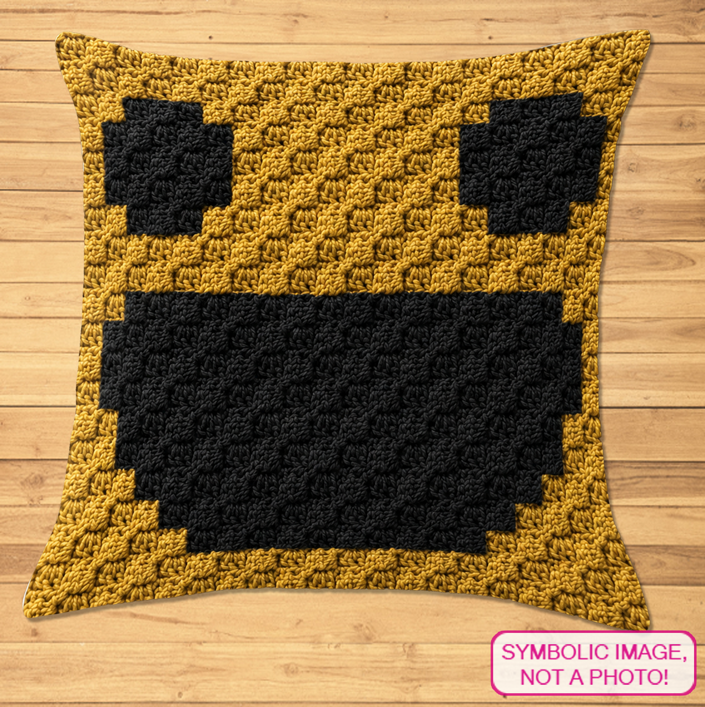 C2C crochet pillow pattern with written instructions featuring a yellow smiley face graph design for cheerful handmade home decor.