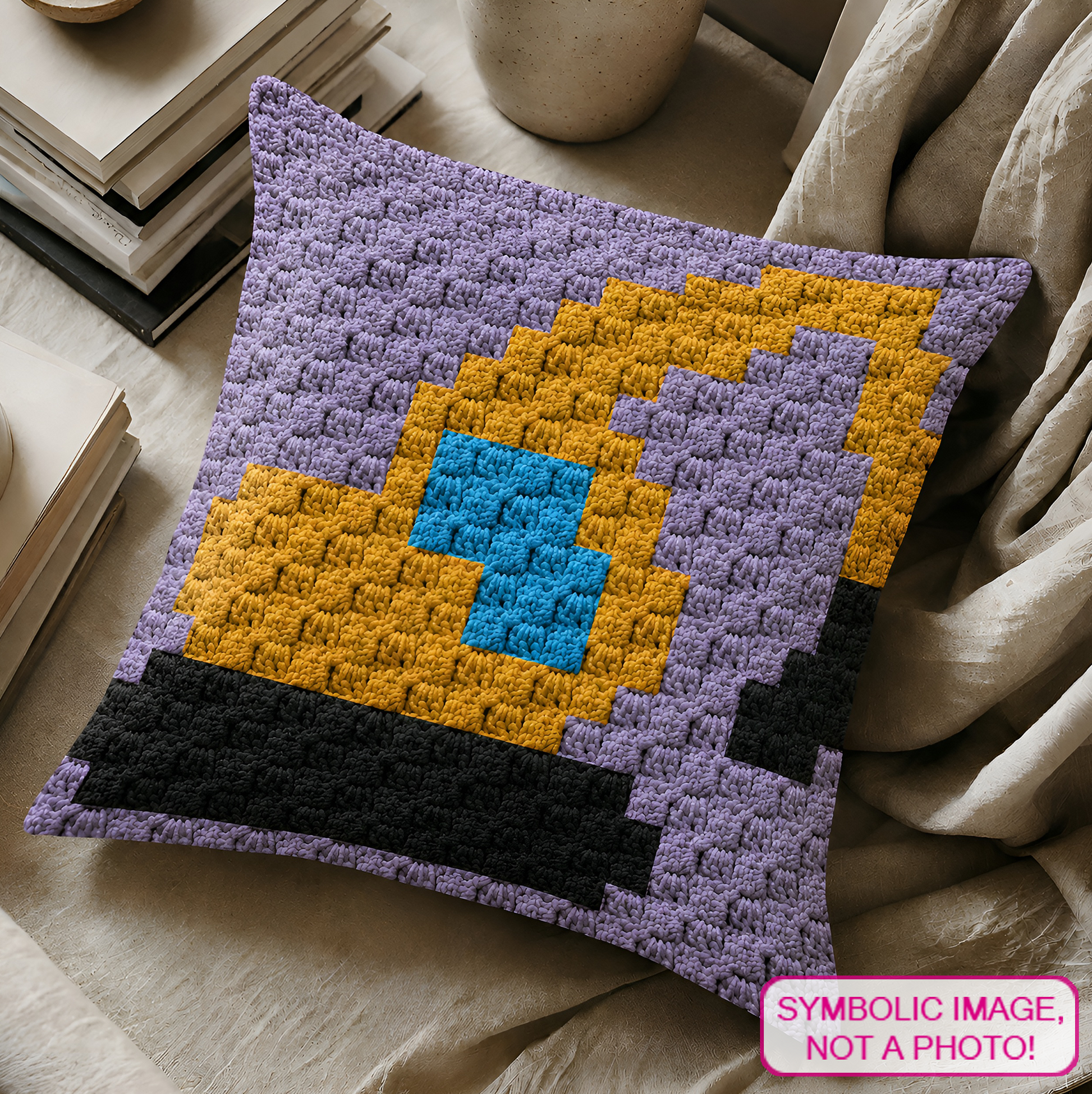 C2C crochet pillow pattern with written instructions featuring a cute excavator graph design for a quick handmade gift.