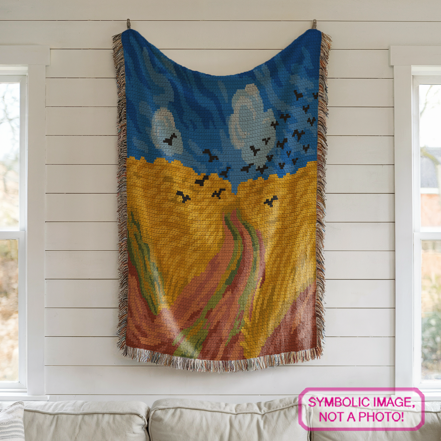 Famous painting SC crochet graphghan pattern inspired by Van Gogh landscape art with a 200 x 150 color chart.
Tapestry crochet blanket pattern with wheat field, painterly sky, birds, 15 colors, and row-by-row instructions.