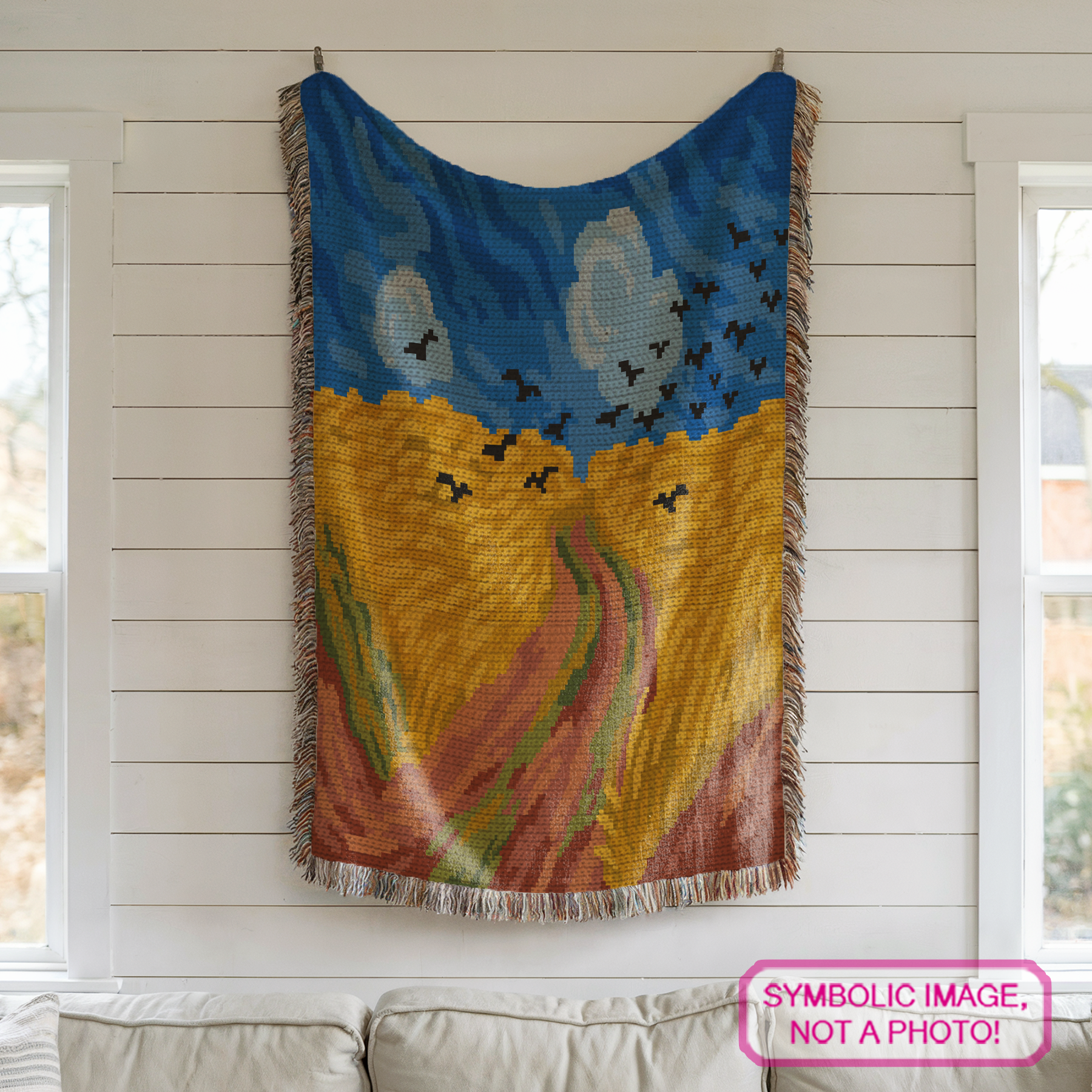 Famous painting SC crochet graphghan pattern inspired by Van Gogh landscape art with a 200 x 150 color chart.
Tapestry crochet blanket pattern with wheat field, painterly sky, birds, 15 colors, and row-by-row instructions.