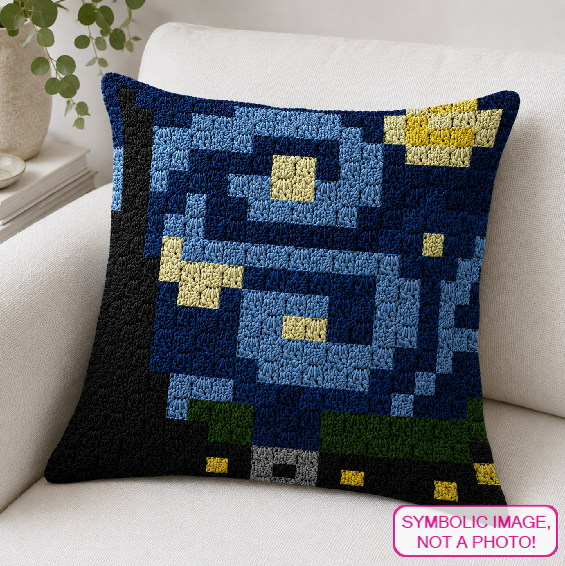 Starry Night C2C crochet pillow pattern inspired by Van Gogh with written instructions and a 20 x 20 color chart.
Crochet Van Gogh C2C pillow pattern featuring a Starry Night inspired graph design with navy, blue, yellow, grey, green, and black yarn.