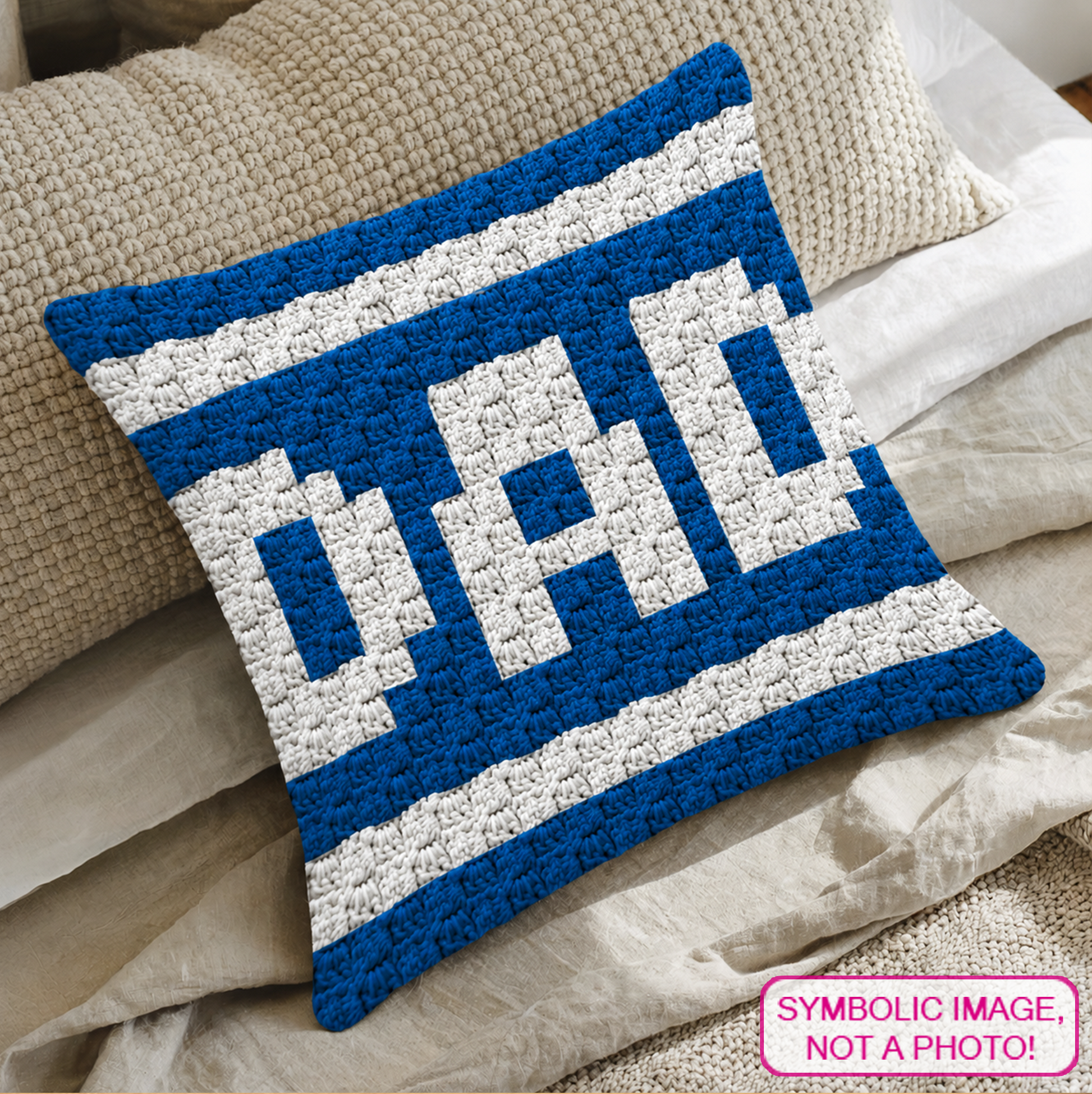 C2C crochet pillow pattern with written instructions featuring a DAD graph design for a handmade Father’s Day gift.