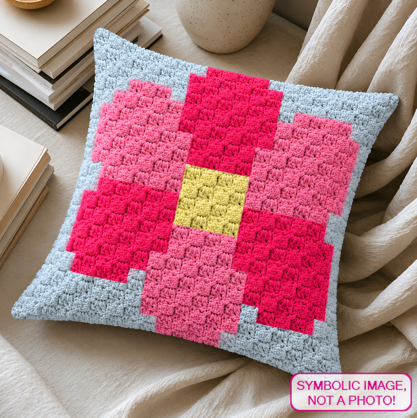 C2C crochet pillow pattern with written instructions featuring a pink flower graph design for a quick handmade gift.