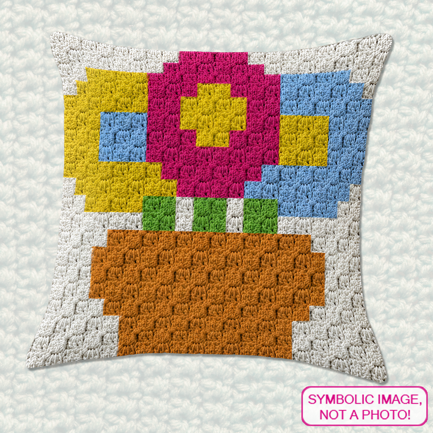C2C crochet pillow pattern with written instructions featuring a colorful flower pot graph design for a quick handmade gift.