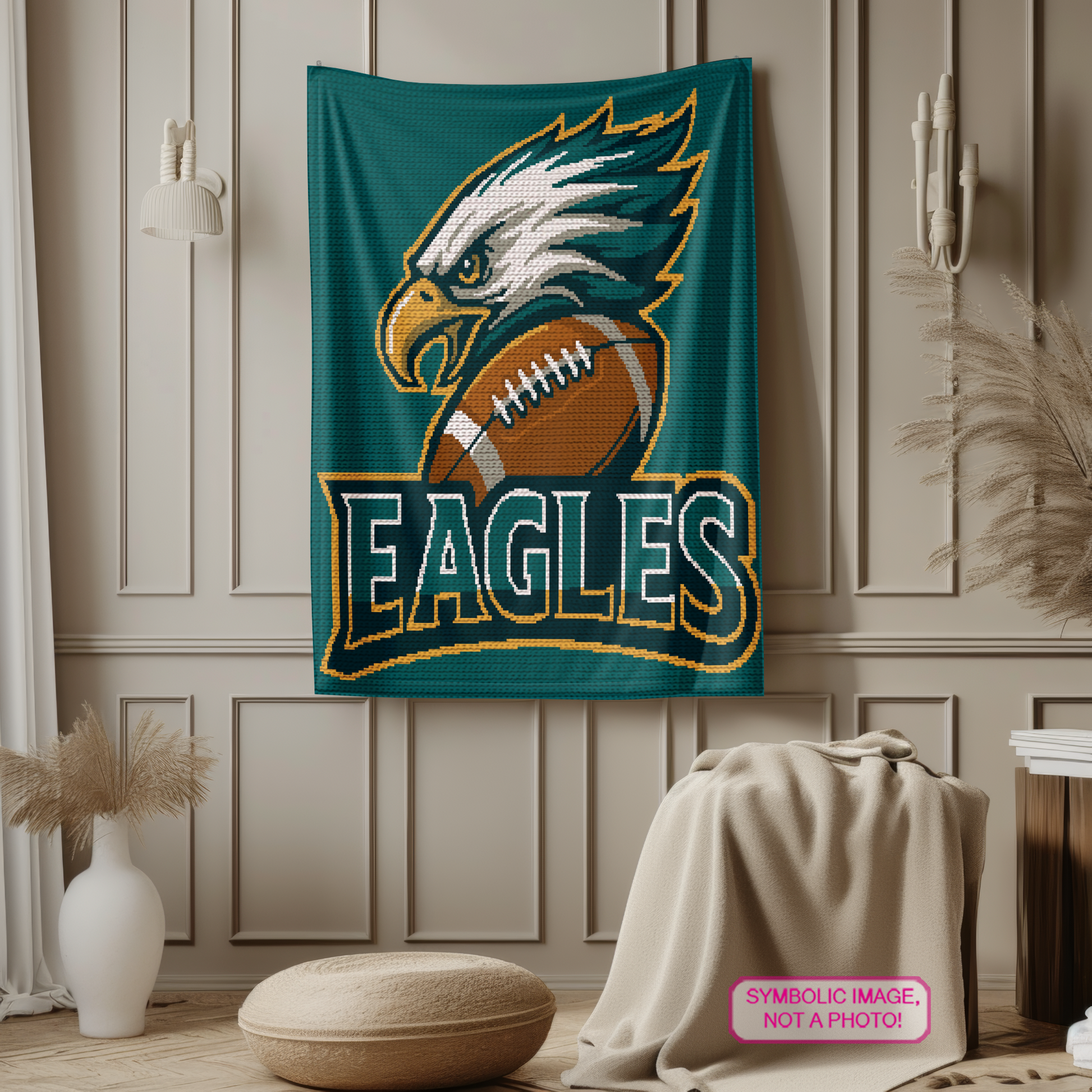 American football crochet blanket graph featuring an eagle logo design, football, and green team-inspired colors.