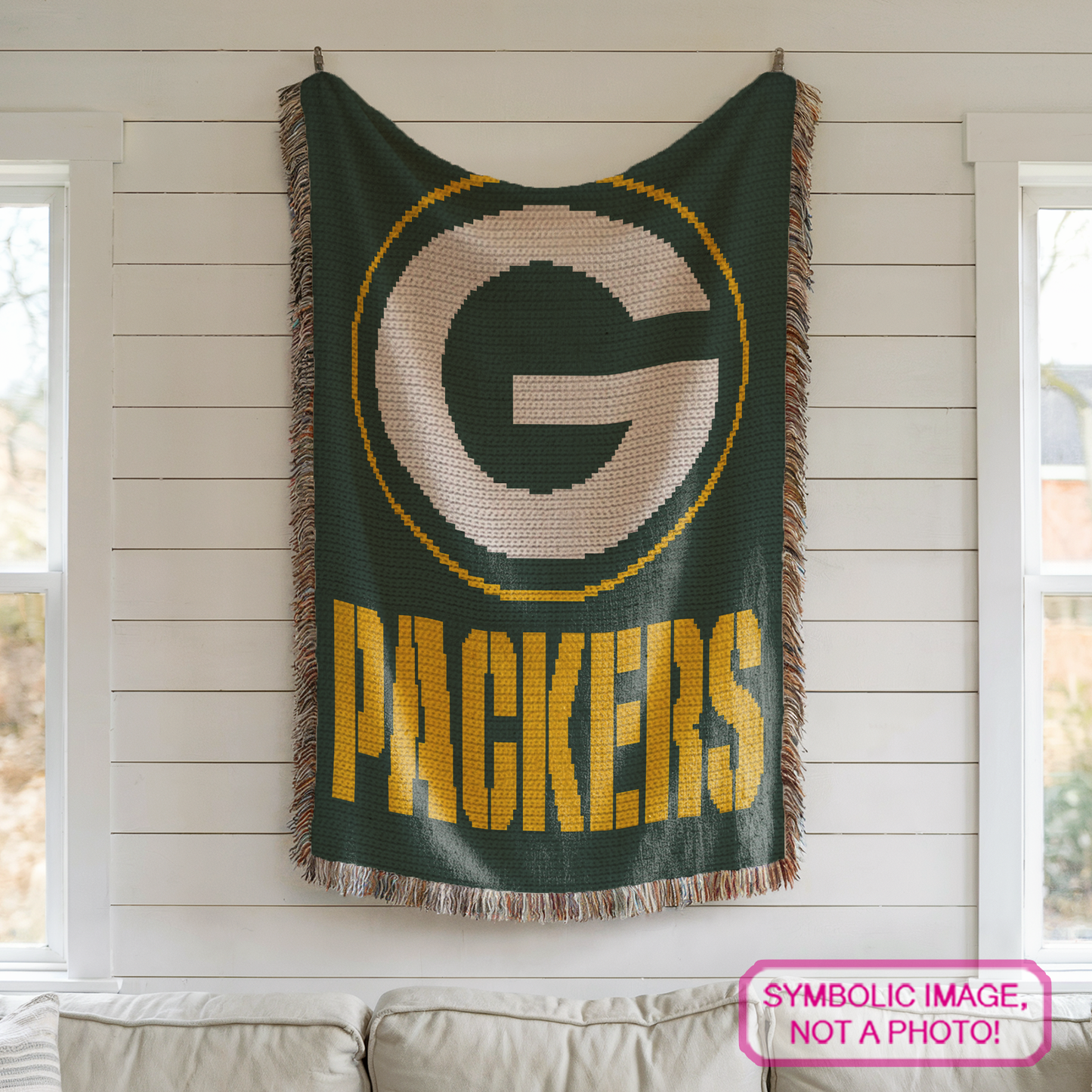 Tapestry crochet sports blanket pattern for football season, game rooms, bedrooms, and fan cave decor.
Football crochet graph pattern with bold Packers-inspired design, three colors, and written instructions.