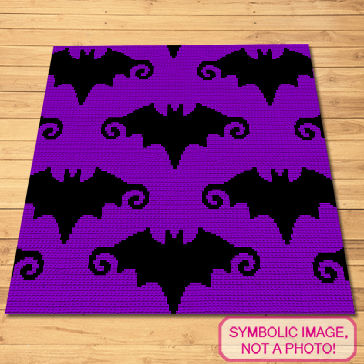 Bat crochet pillow and blanket pattern with repeating spooky winged silhouettes.
Two-color tapestry crochet pattern featuring black bats on a bright purple background.