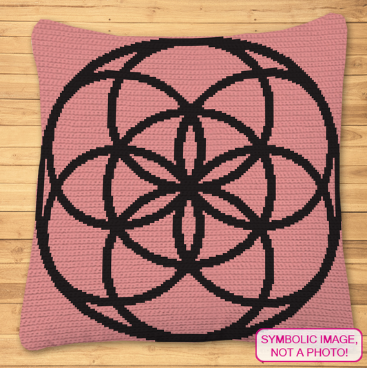 Seed of Life tapestry crochet blanket and pillow pattern featuring a black sacred geometry symbol on a pink background.
Single crochet Seed of Life graphghan pattern with a 150 x 150 color chart and written row-by-row instructions.