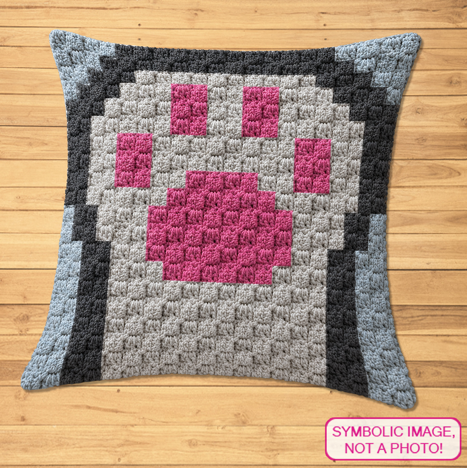 Crochet cat paw C2C pillow pattern with written row-by-row instructions and color chart.