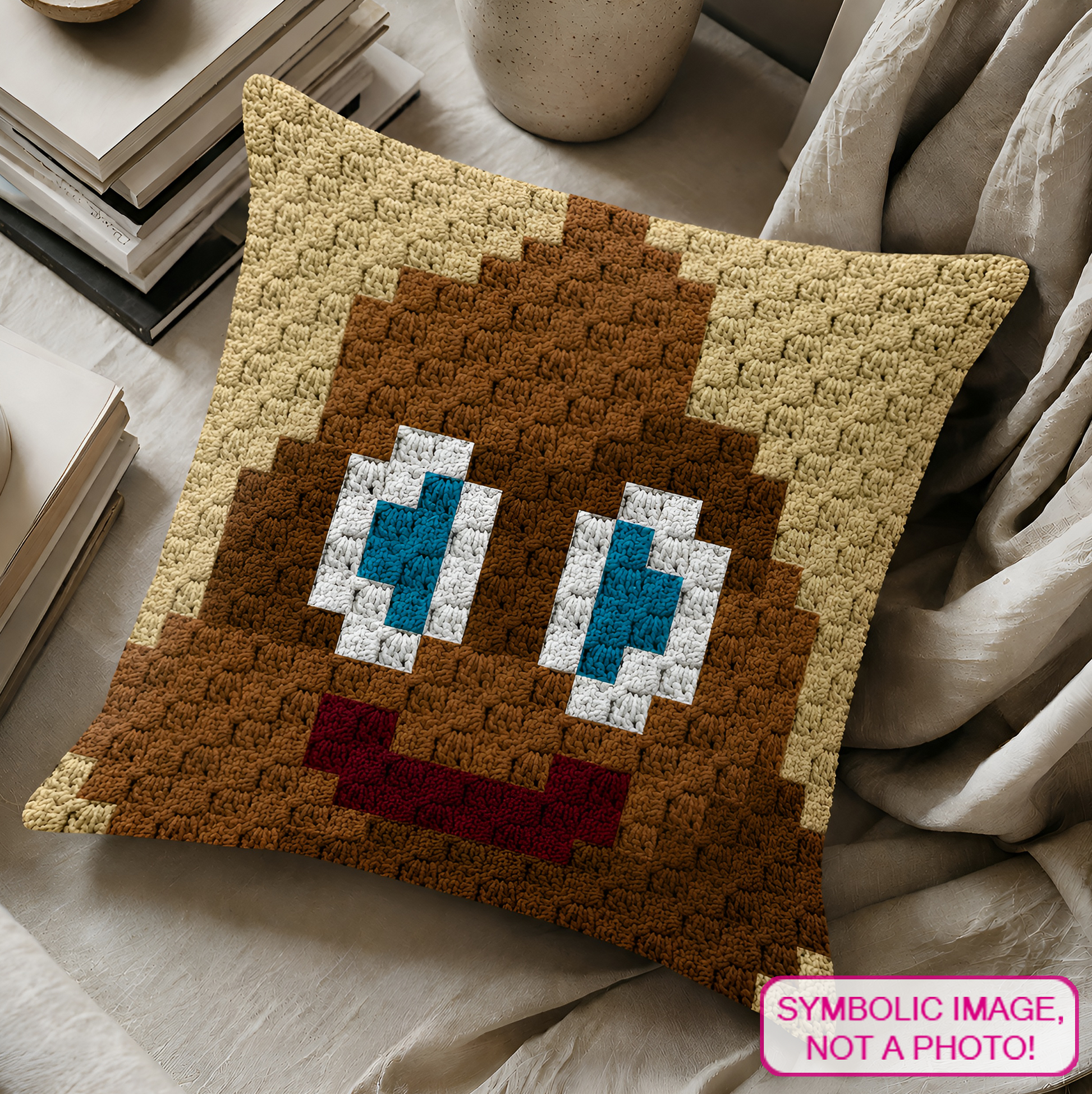 C2C crochet pillow pattern with written instructions featuring a cute poop emoji graph design for a funny handmade gift.