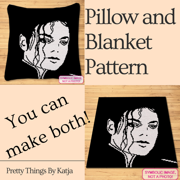 Craft an homage to a music legend with this SC (Single Crochet) Blanket Pattern, featuring Michael Jackson's iconic silhouette.

This pillow, in a striking monochrome palette, is perfect for fans who want to keep the artist's memory alive in their decor. It captures his unique style and presence.

It’s an ideal project for those who want to blend their love for music with their passion for crochet, creating a piece that's both decorative and deeply personal. 
Click to learn more!