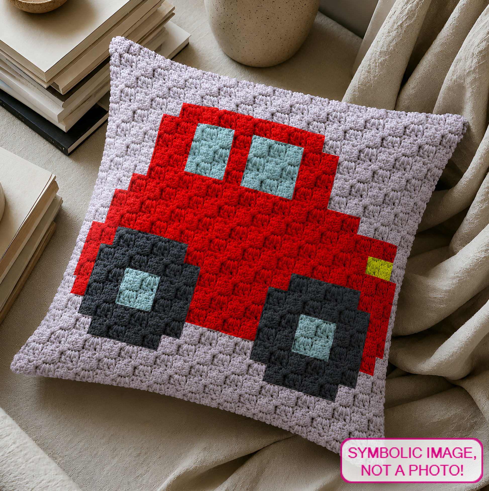 C2C crochet pillow pattern with written instructions featuring a cute red car graph design for a quick handmade gift.