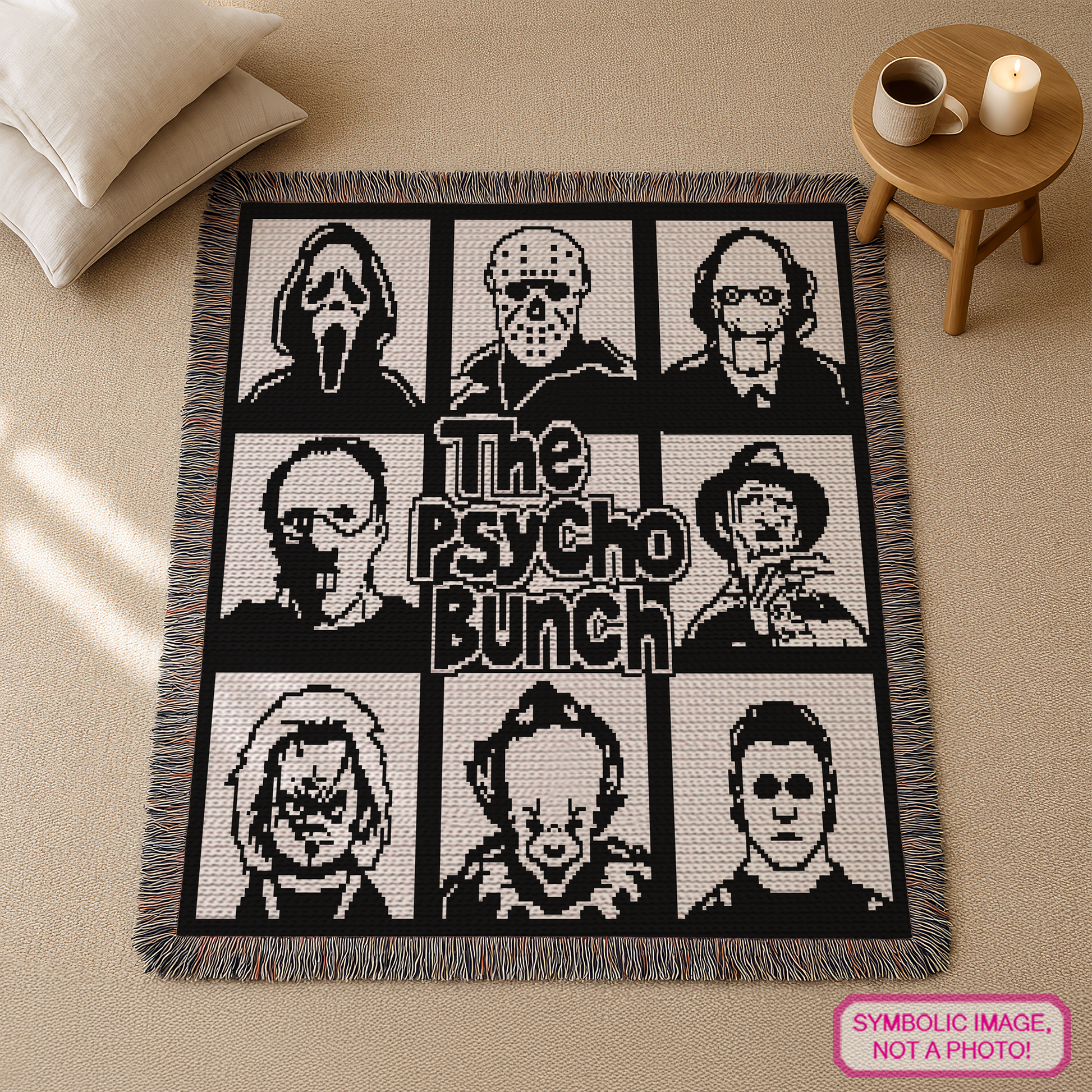 Spooky crochet blanket pattern for horror fans, gothic home decor, movie rooms, and handmade Halloween gifts.
Character-inspired horror crochet graph pattern with written instructions and instant-download PDF.