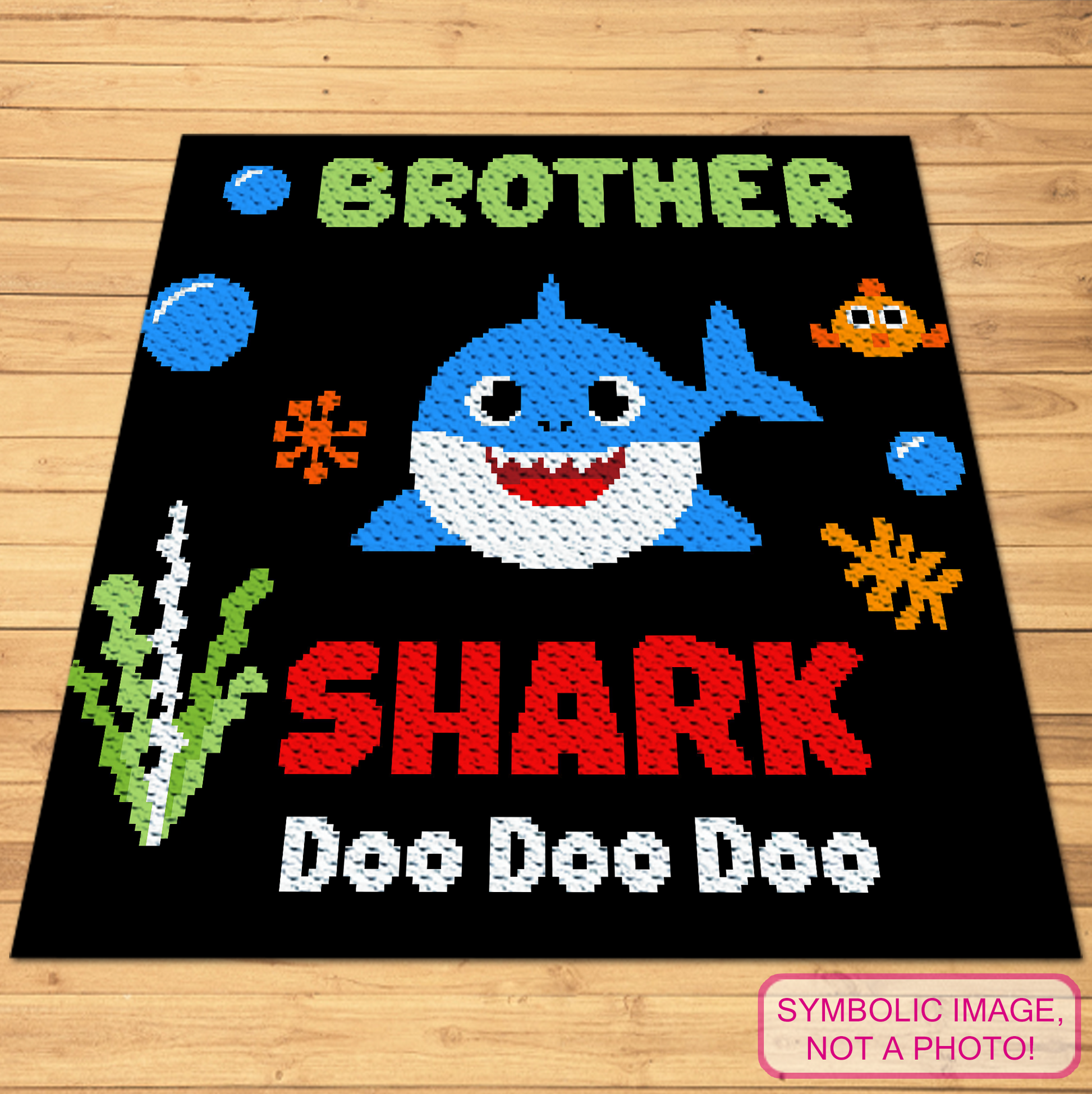 Seven Shark Family C2C crochet blanket patterns with color graphs and written row-by-row instructions.