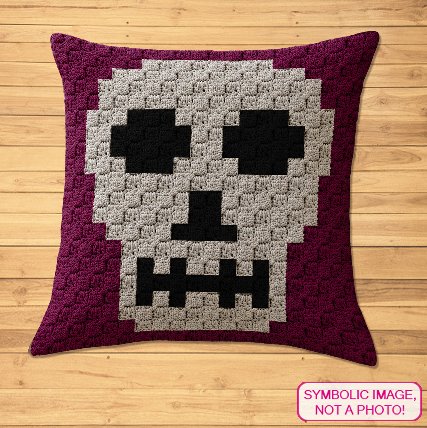 C2C crochet pillow pattern with written instructions featuring a white skull graph design for Halloween and gothic home decor.