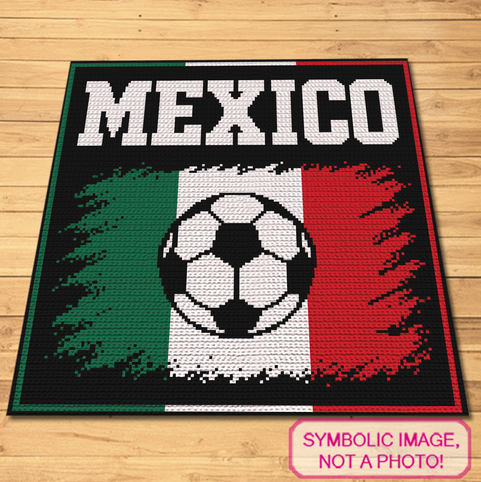 Single crochet Mexico football graphgan pattern with a 150 x 150 color chart and written row-by-row instructions.