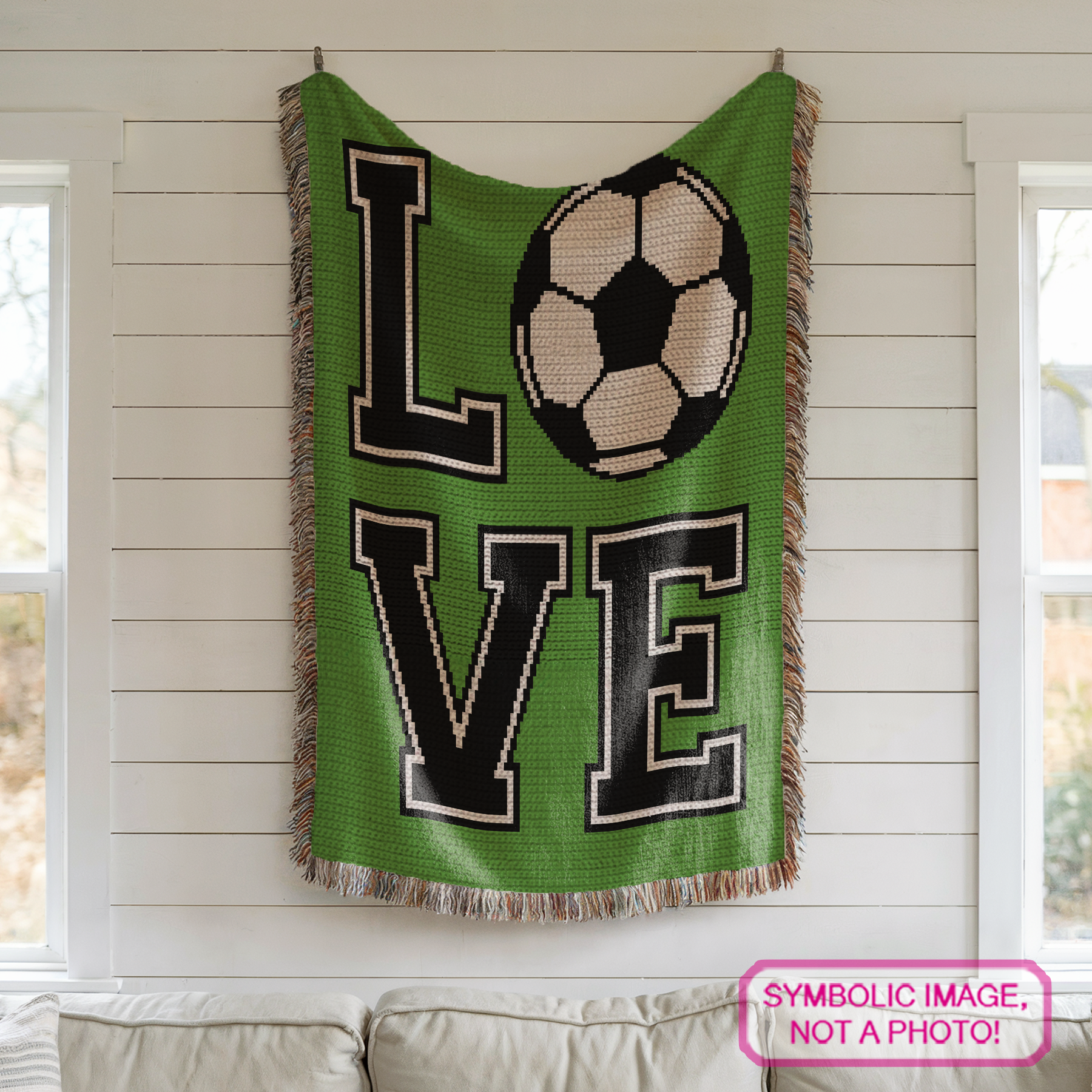 Football crochet blanket pattern featuring a soccer ball LOVE design for players, coaches, teams, and sports fans.
Tapestry crochet soccer blanket graph using black, white, and green yarn for handmade sports gifts and room decor.