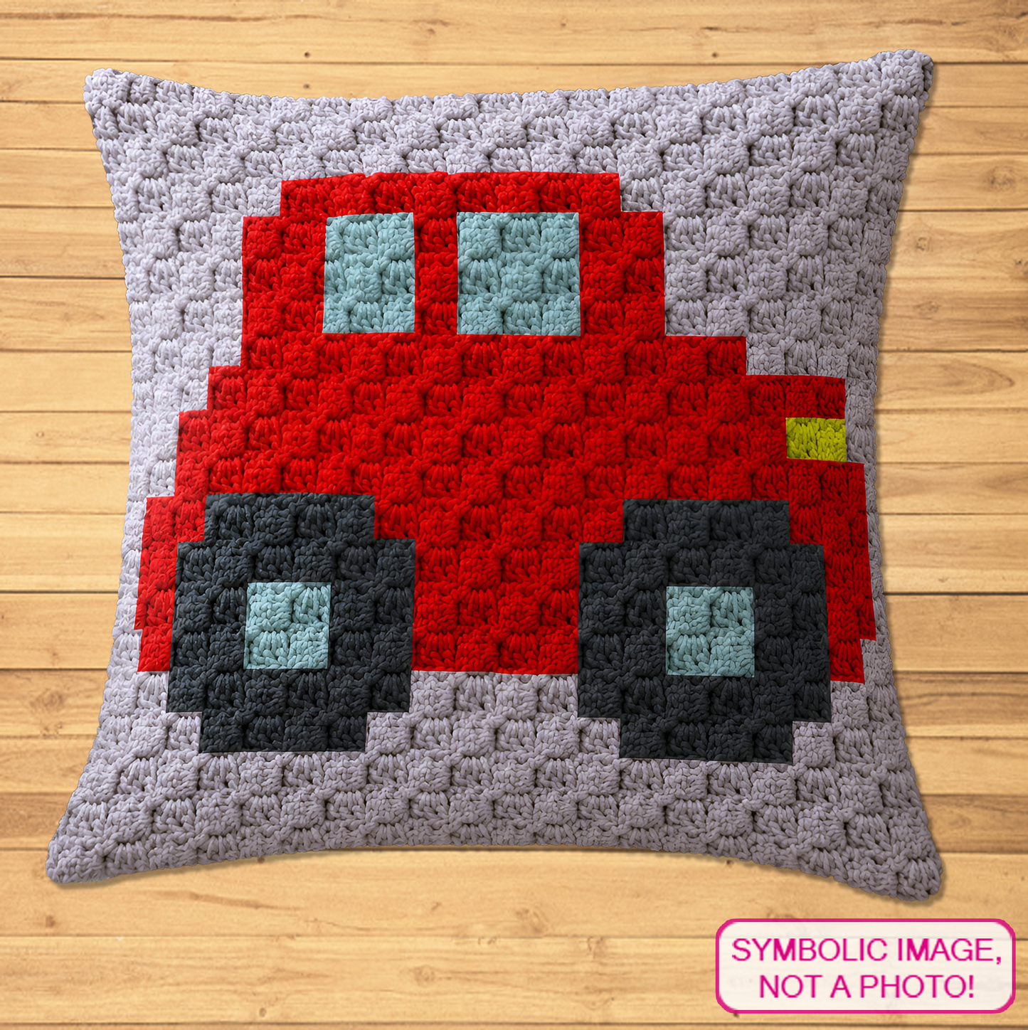 Crochet red car C2C pillow pattern with written row-by-row instructions and color chart.