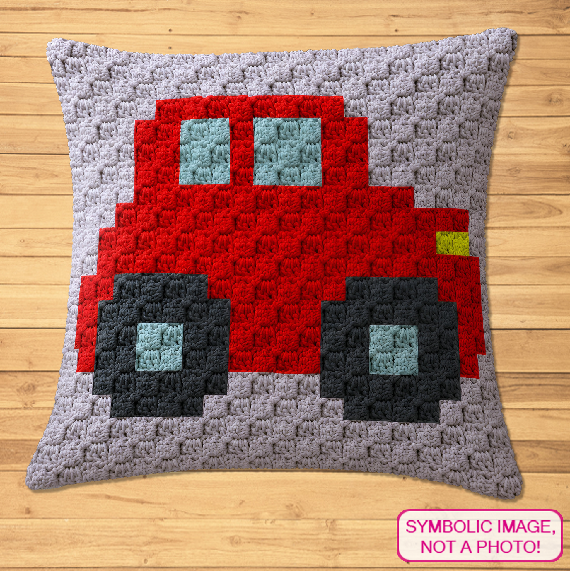 Crochet red car C2C pillow pattern with written row-by-row instructions and color chart.