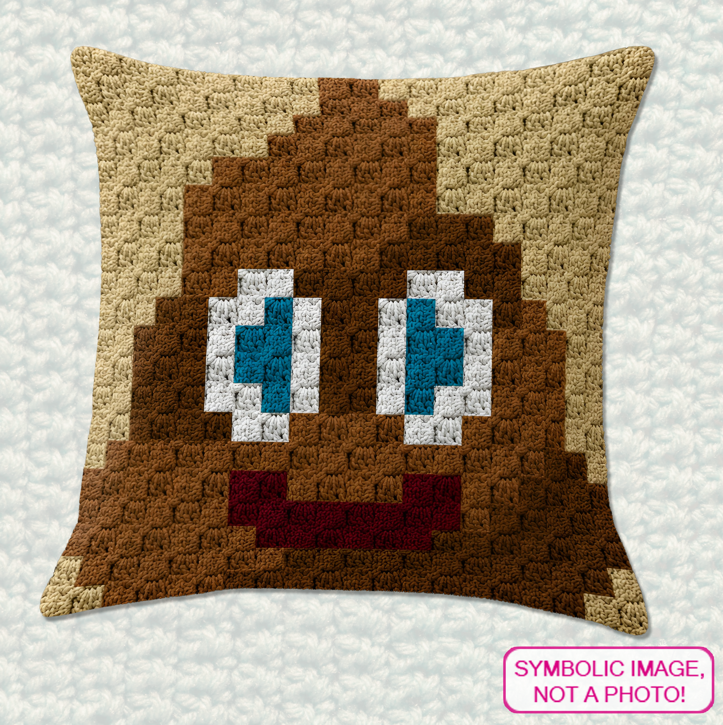 C2C crochet pillow pattern with written instructions featuring a cute poop emoji graph design for a funny handmade gift.