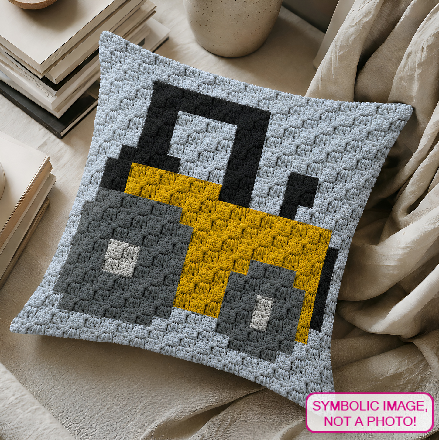C2C crochet pillow pattern with written instructions featuring a yellow tractor graph design for farm nursery decor and handmade gifts.