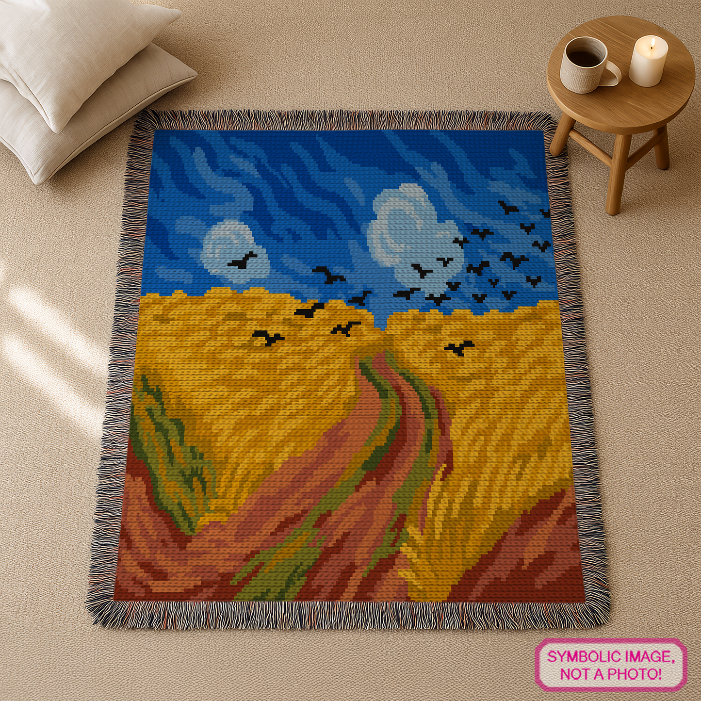 Van Gogh crochet painting blanket pattern for art lovers, museum lovers, handmade gifts, and creative home decor.
Single crochet famous art graphgan pattern featuring a dramatic wheat field landscape with full-color chart and instant-download PDF.